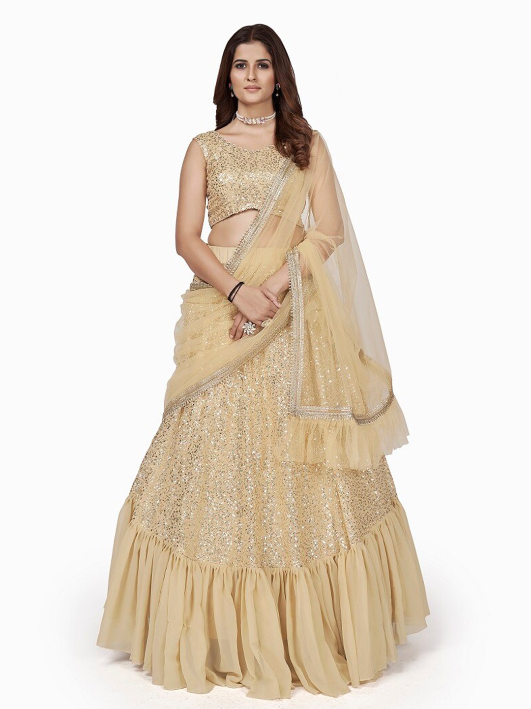 

ODETTE Cream-Coloured Embellished Semi-Stitched Lehenga & Unstitched Blouse With Dupatta