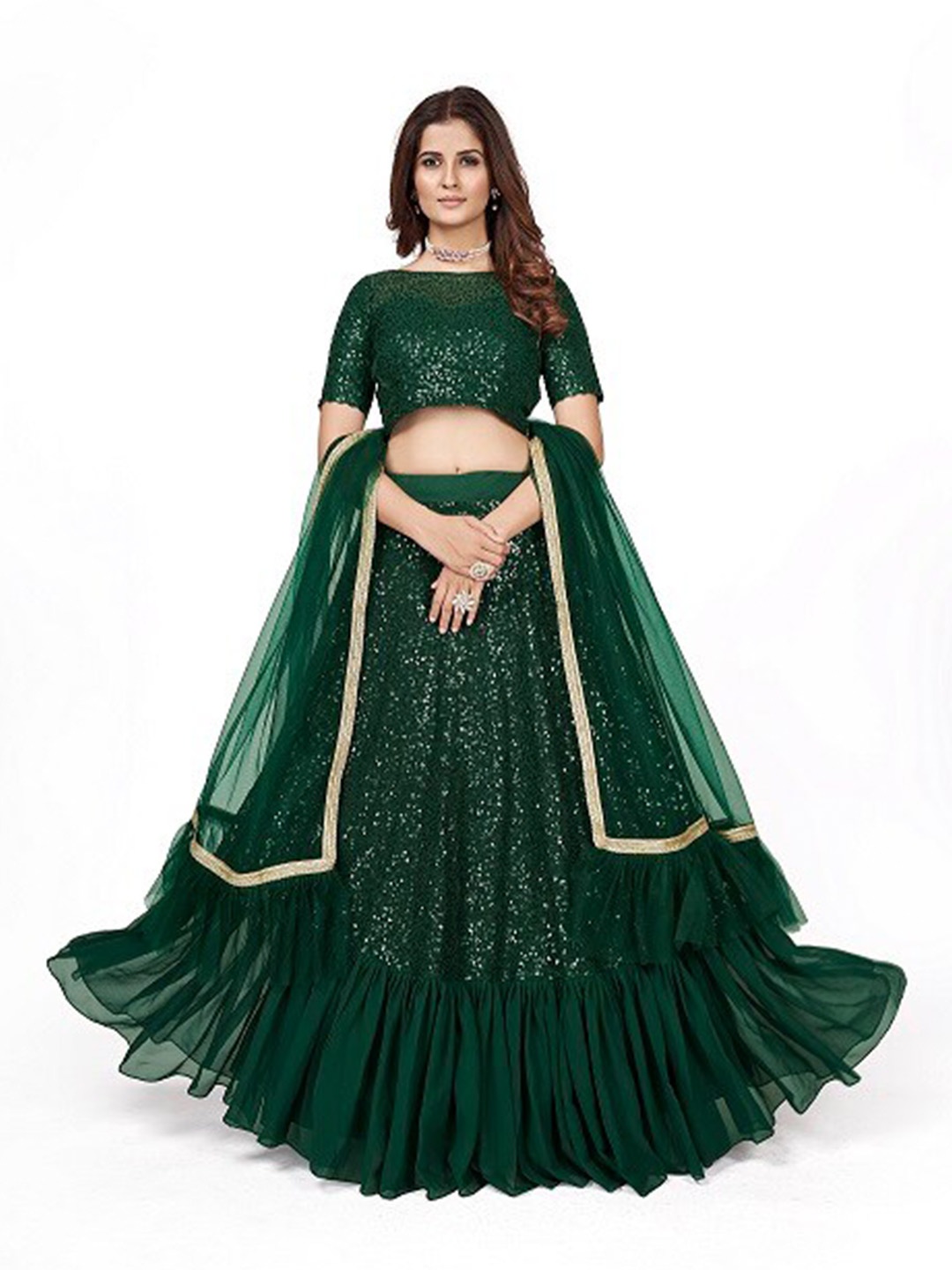 

ODETTE Green Embellished Semi-Stitched Lehenga & Unstitched Blouse With Dupatta