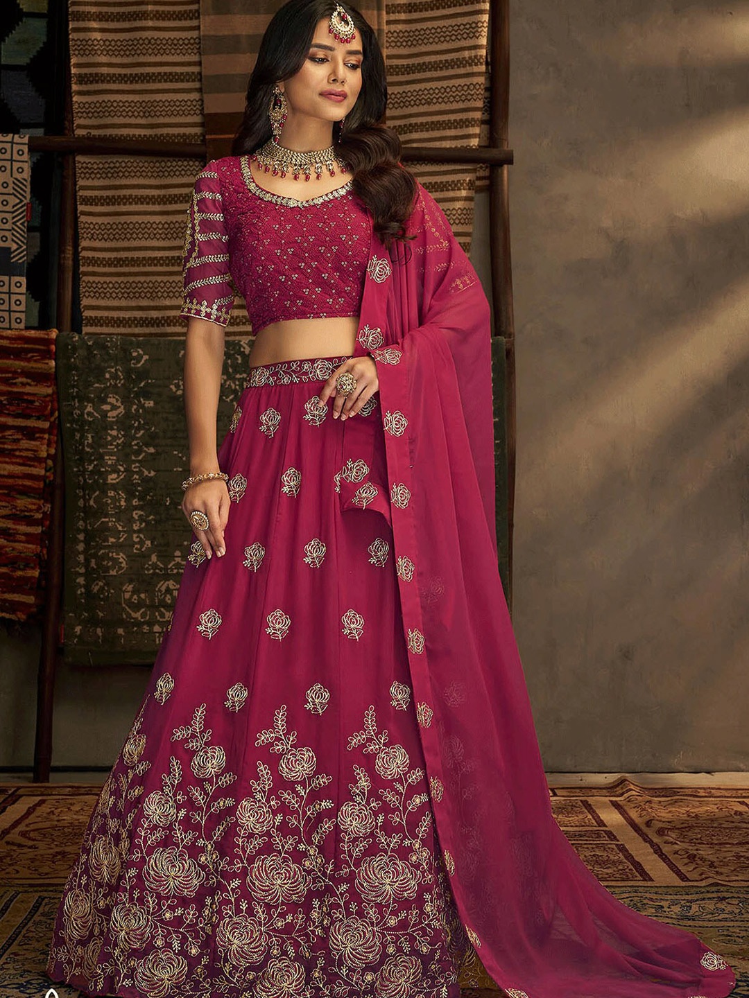 

ODETTE Pink & Gold-Toned Embellished Thread Work Semi-Stitched Lehenga & Unstitched Blouse With Dupatta