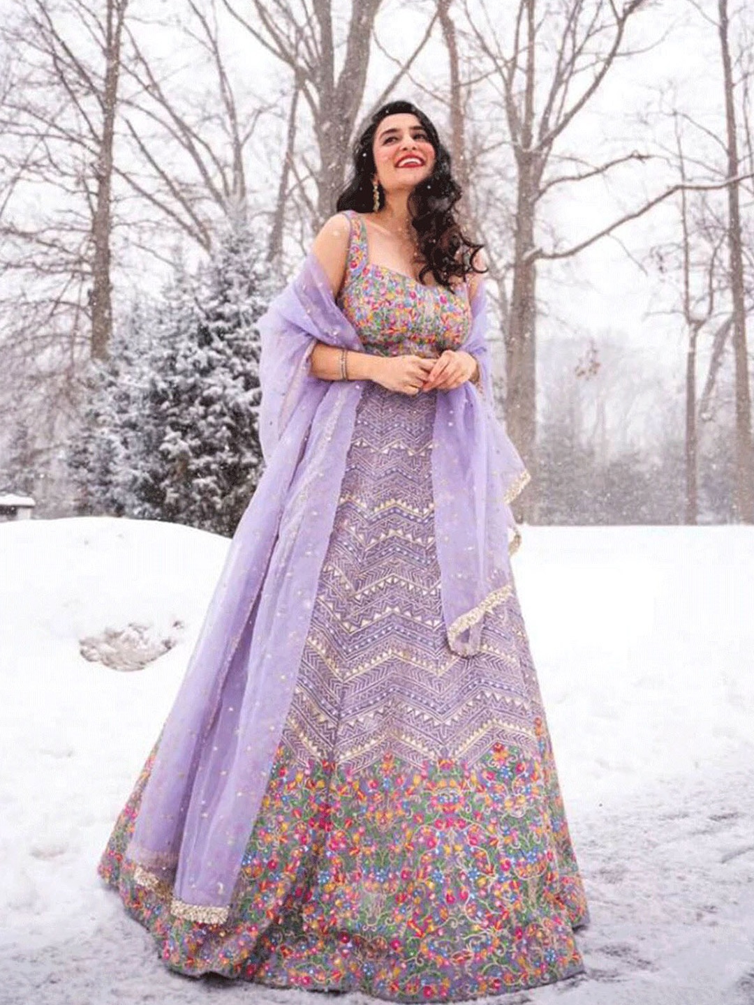 

ODETTE Lavender Embellished Thread Work Semi-Stitched Lehenga & Unstitched Blouse With Dupatta