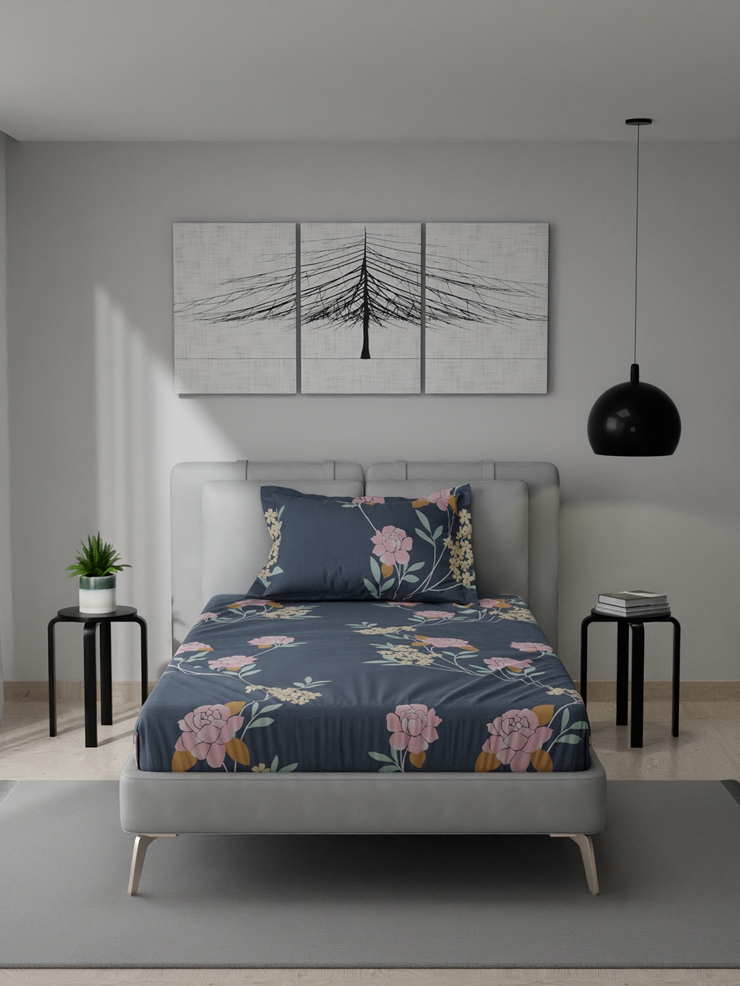

Stoa Paris Grey & Green Floral 150 TC Single Bedsheet with 1 Pillow Covers