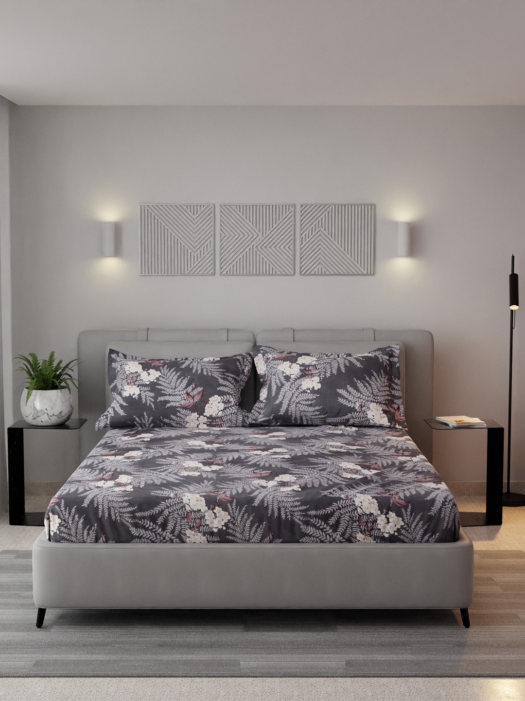 

Stoa Paris Grey & White 225 TC King Bedsheet with 2 Pillow Covers