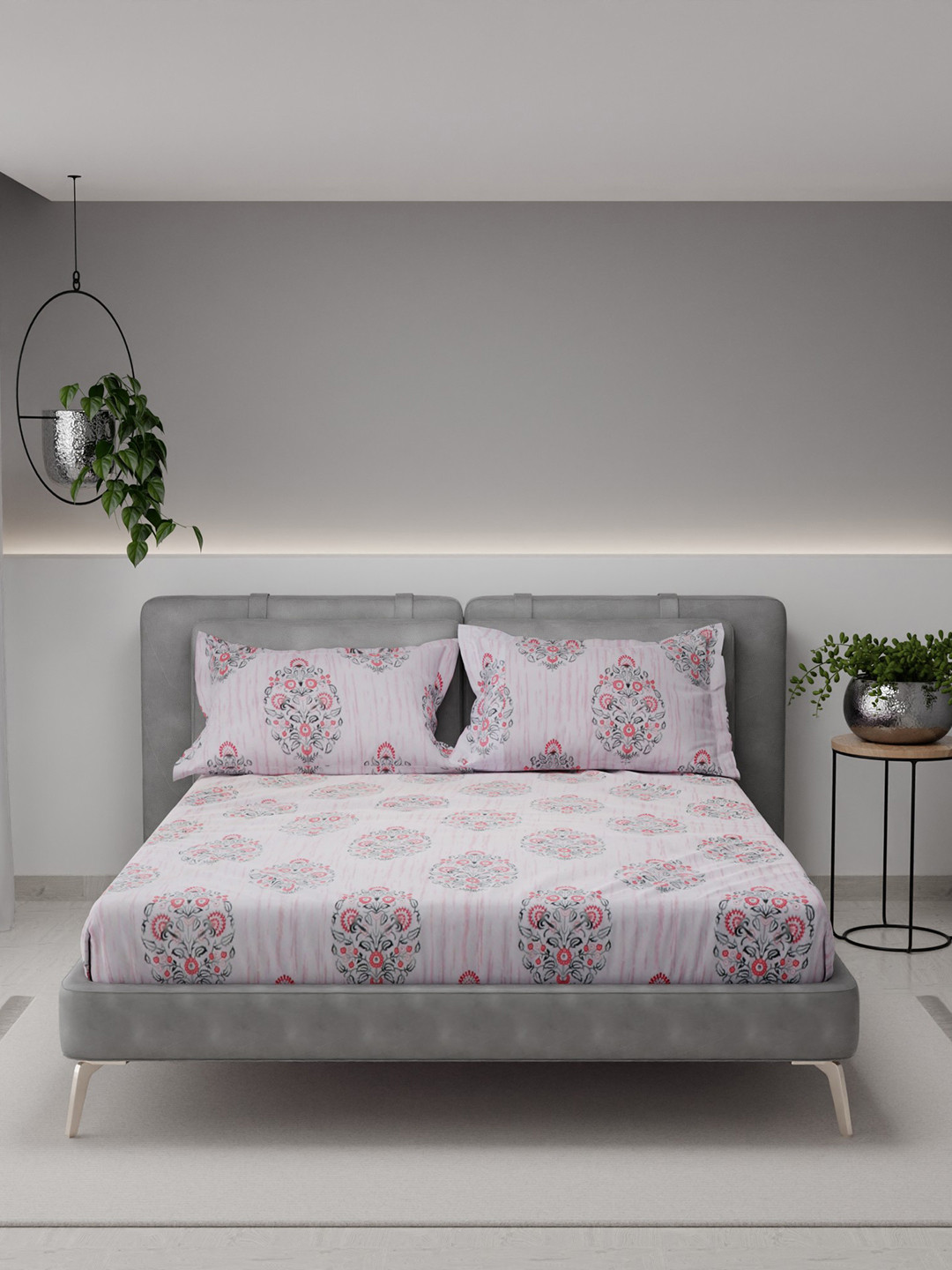 

Stoa Paris Grey Floral 225 TC King Bedsheet with 2 Pillow Covers