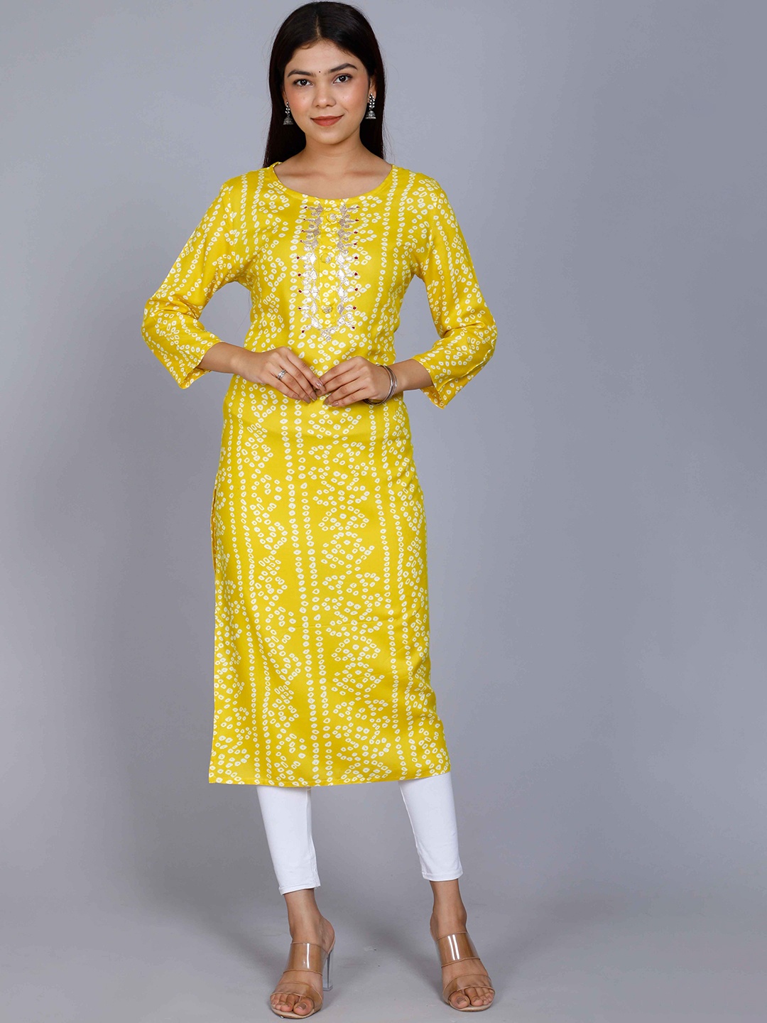 

MIRAVAN Women Yellow Bandhani Printed Kurta