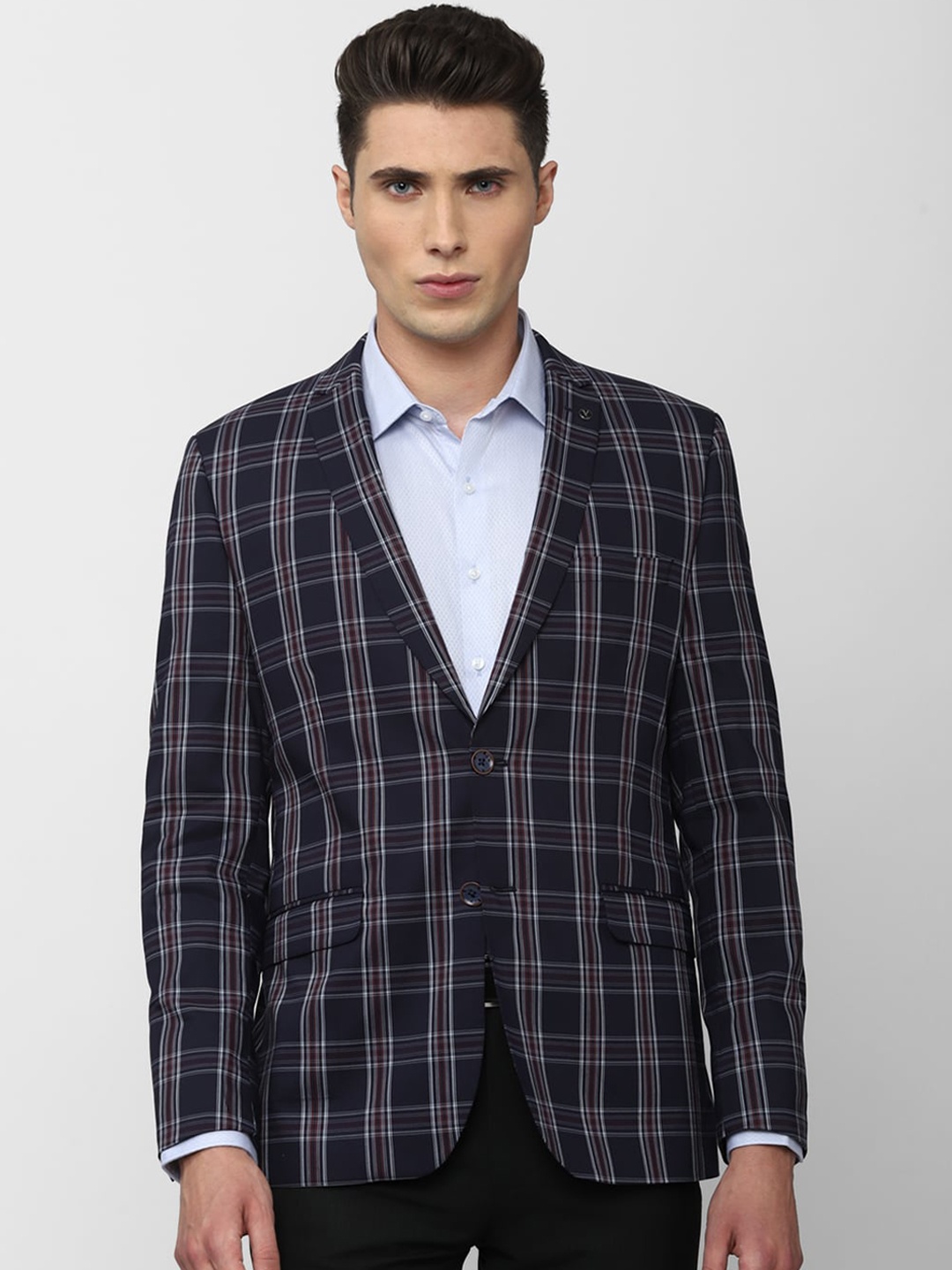 

Van Heusen Men Navy-Blue & White Checked Slim-Fit Single-Breasted Formal Blazer