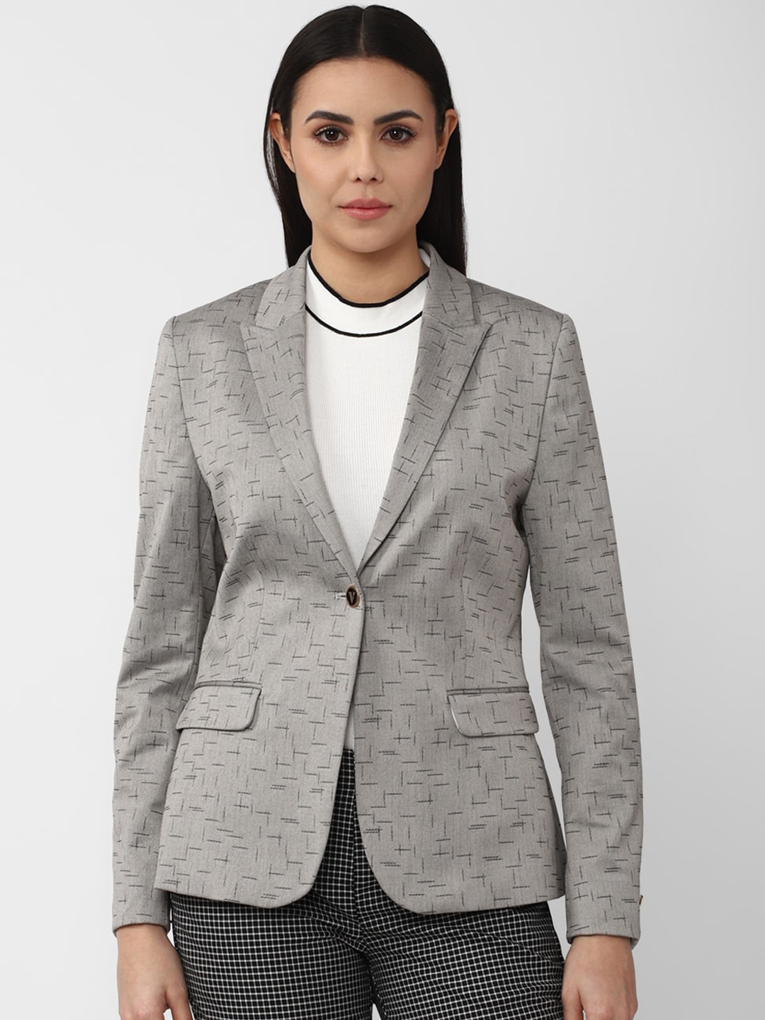 

Van Heusen Woman Women Grey Printed Pure Cotton Single-Breasted Casual Blazer