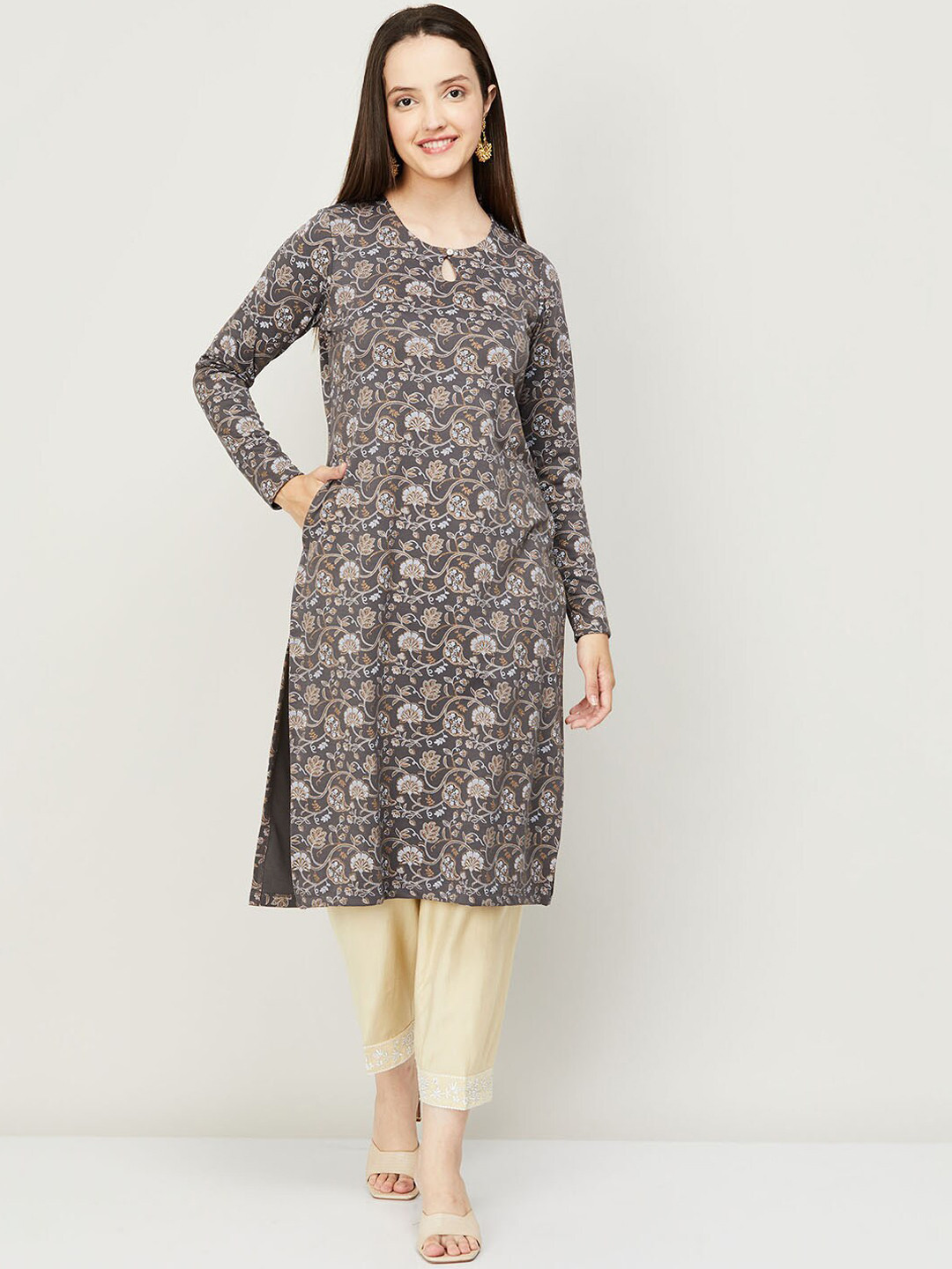 

Melange by Lifestyle Women Grey Floral Printed Kurta