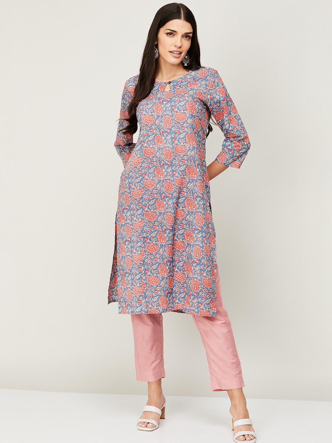 

Melange by Lifestyle Women Blue & Peach-Coloured Floral Printed Cotton Floral Kurta