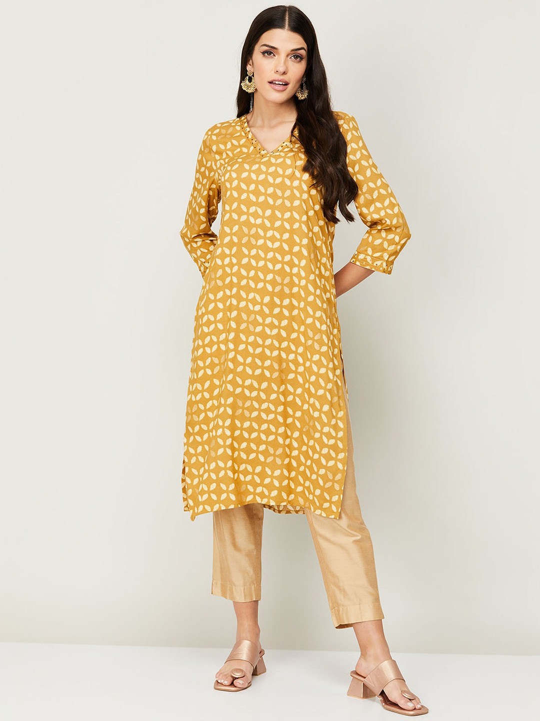 

Melange by Lifestyle Women Mustard Yellow Geometric Printed Kurta