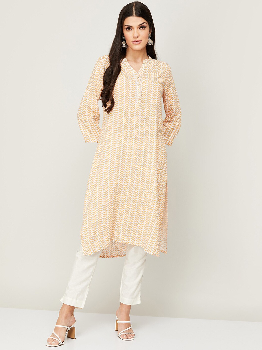 

Melange by Lifestyle Women Yellow & White Geometric Printed Kurta