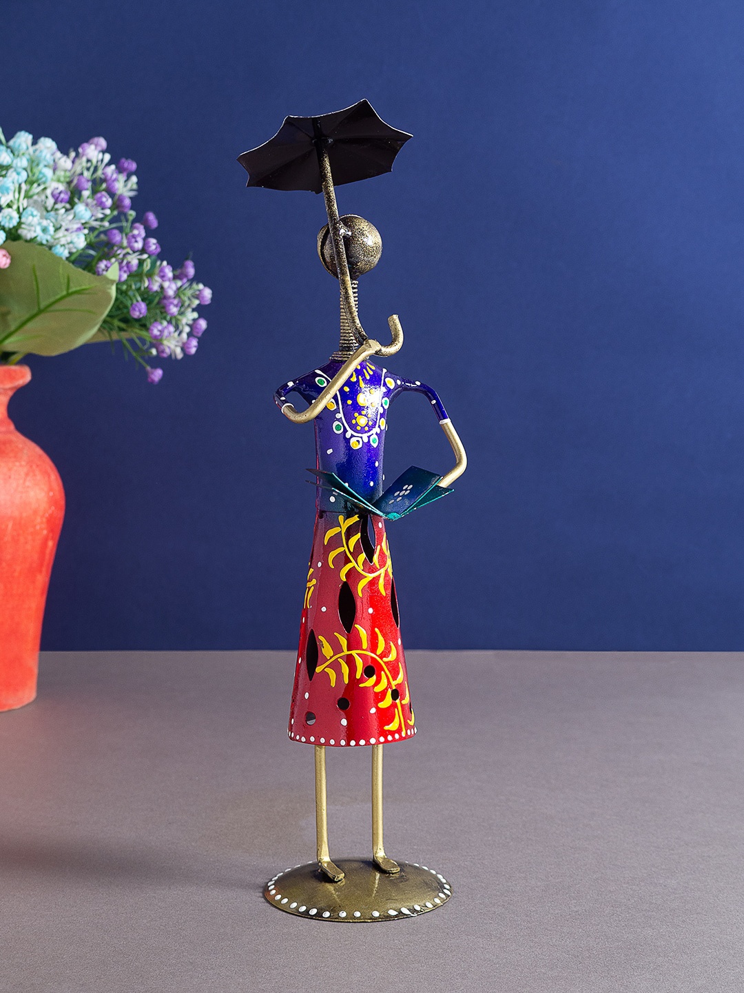 

Golden Peacock Blue & Red Hand-Painted Lady With Umbrella Showpiece