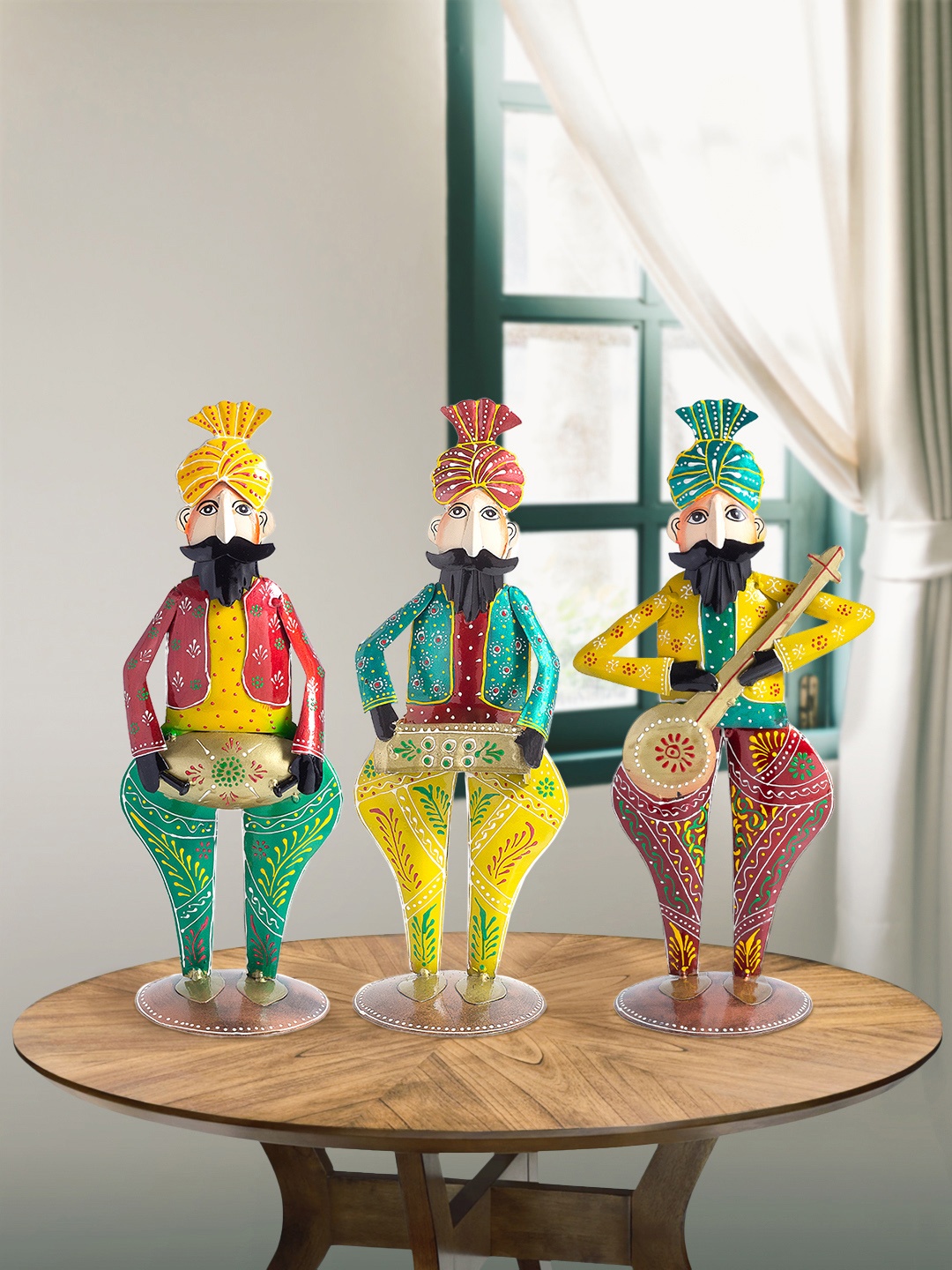 

Golden Peacock Set of 3 Textured Sardar Musicians Showpieces, Yellow