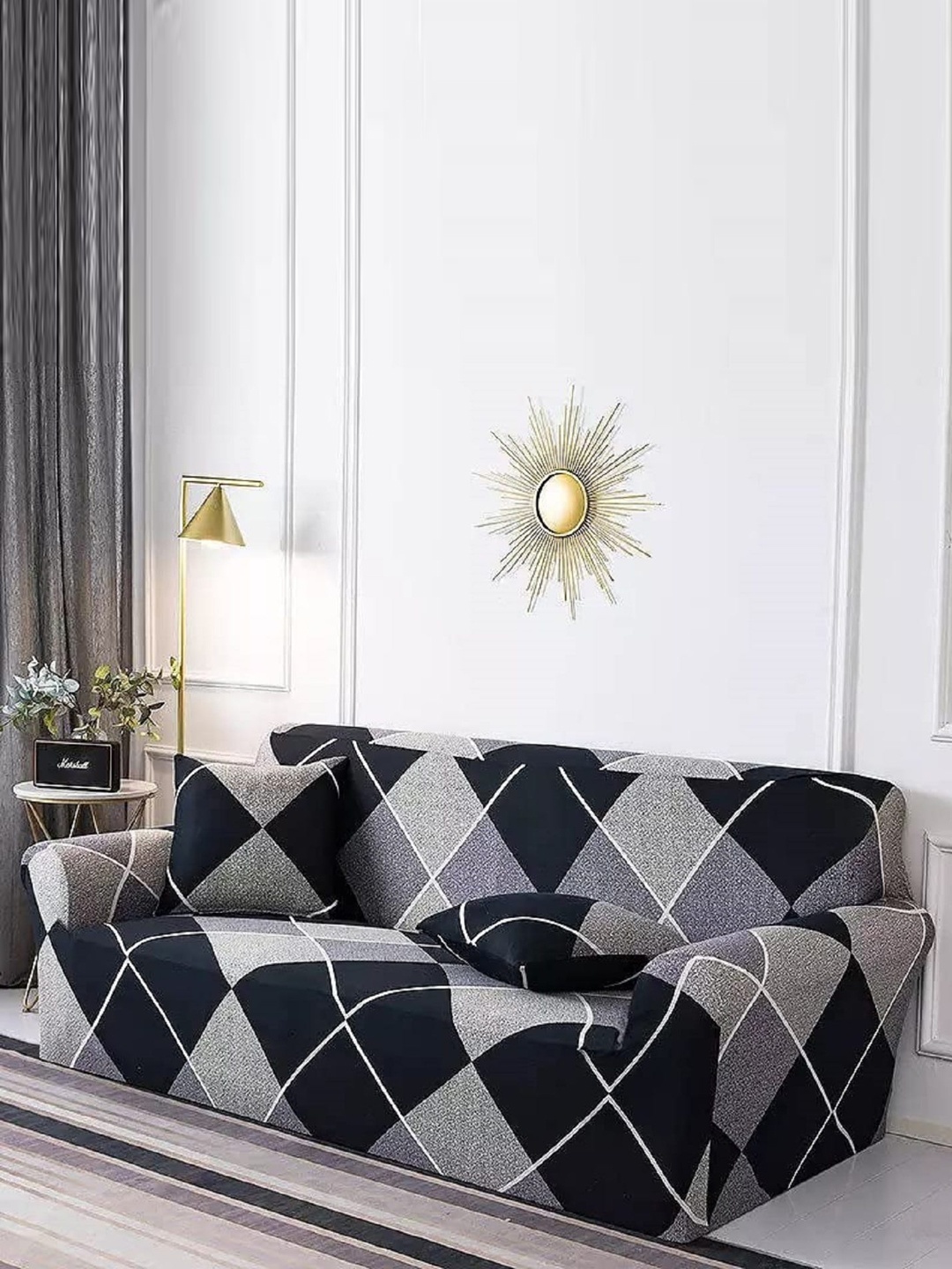 

HOUSE OF QUIRK Blue & Grey Printed 3-Seater Stretchable Non-Slip Sofa Slipcover