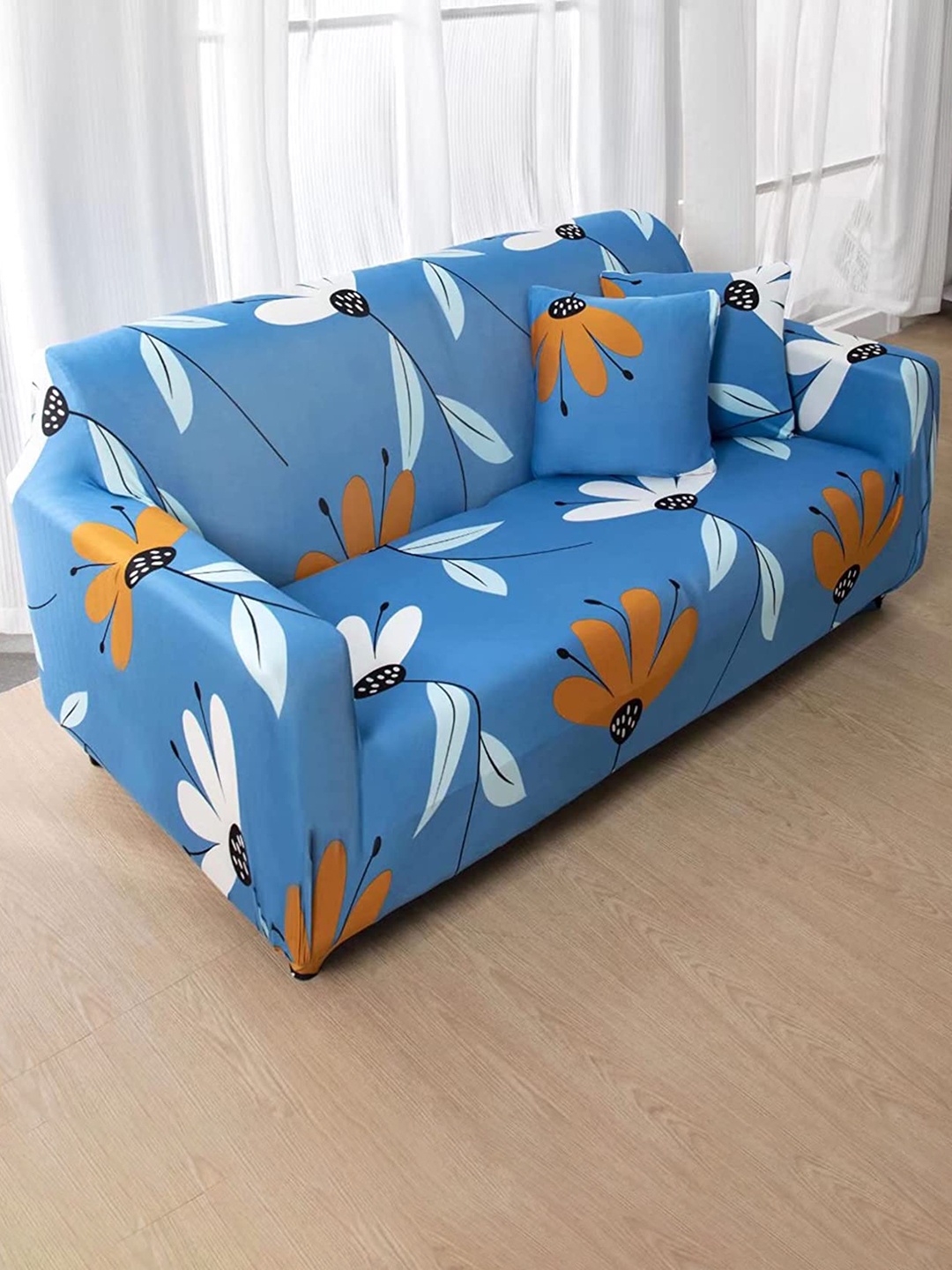 

HOUSE OF QUIRK Blue 3 Seater Floral Printed Sofa Cover