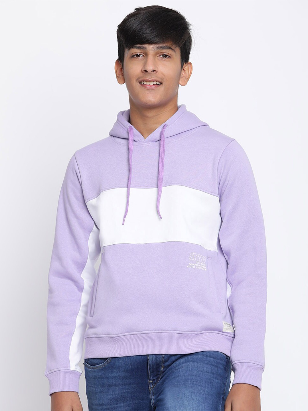 

Lil Tomatoes Boys Purple & White Colourblocked Hooded Sweatshirt