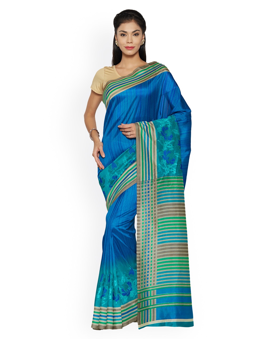 

Saree mall Blue Silk Cotton Striped Bhagalpuri Saree