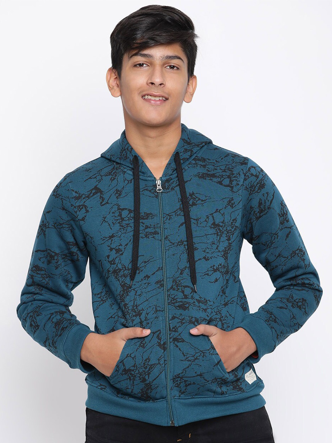 

Lil Tomatoes Boys Teal Blue Printed Hooded Sweatshirt