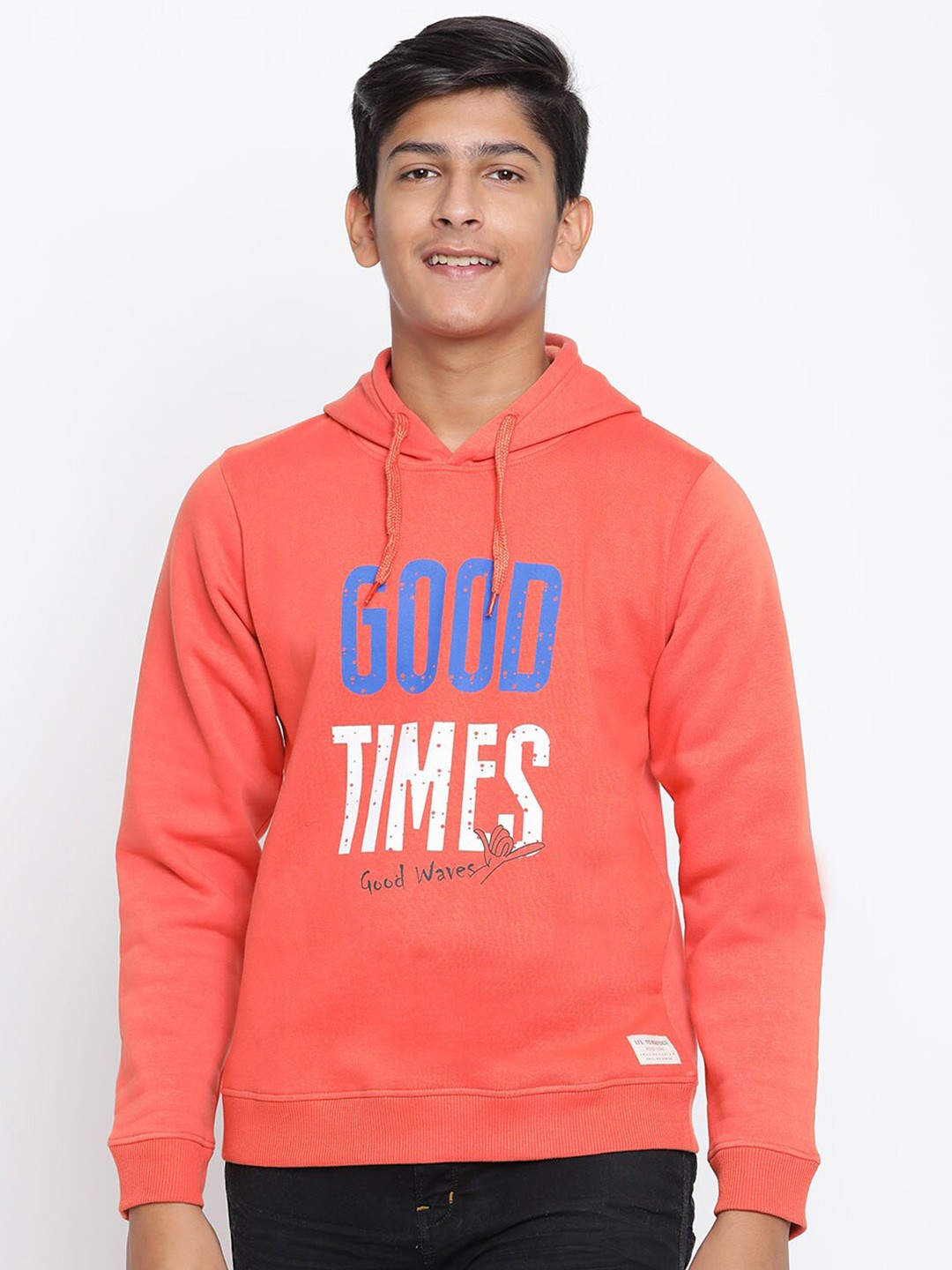 

Lil Tomatoes Boys Orange Printed Hooded Sweatshirt