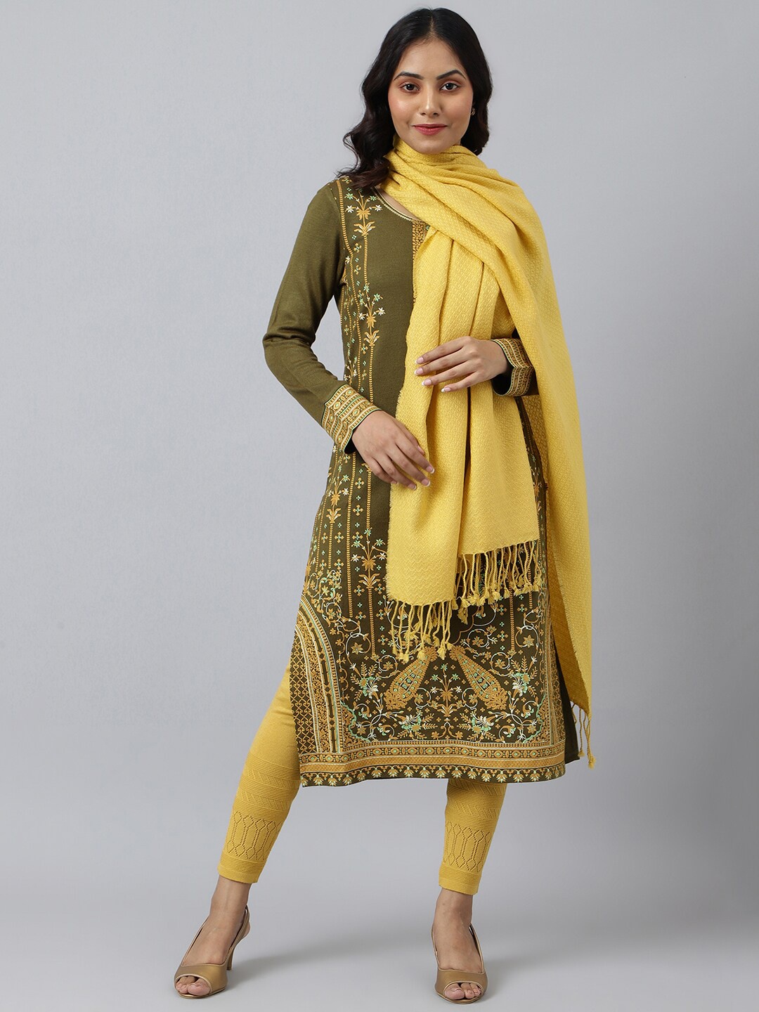 

AURELIA Women Yellow Woven Design Pure Acrylic Shawl