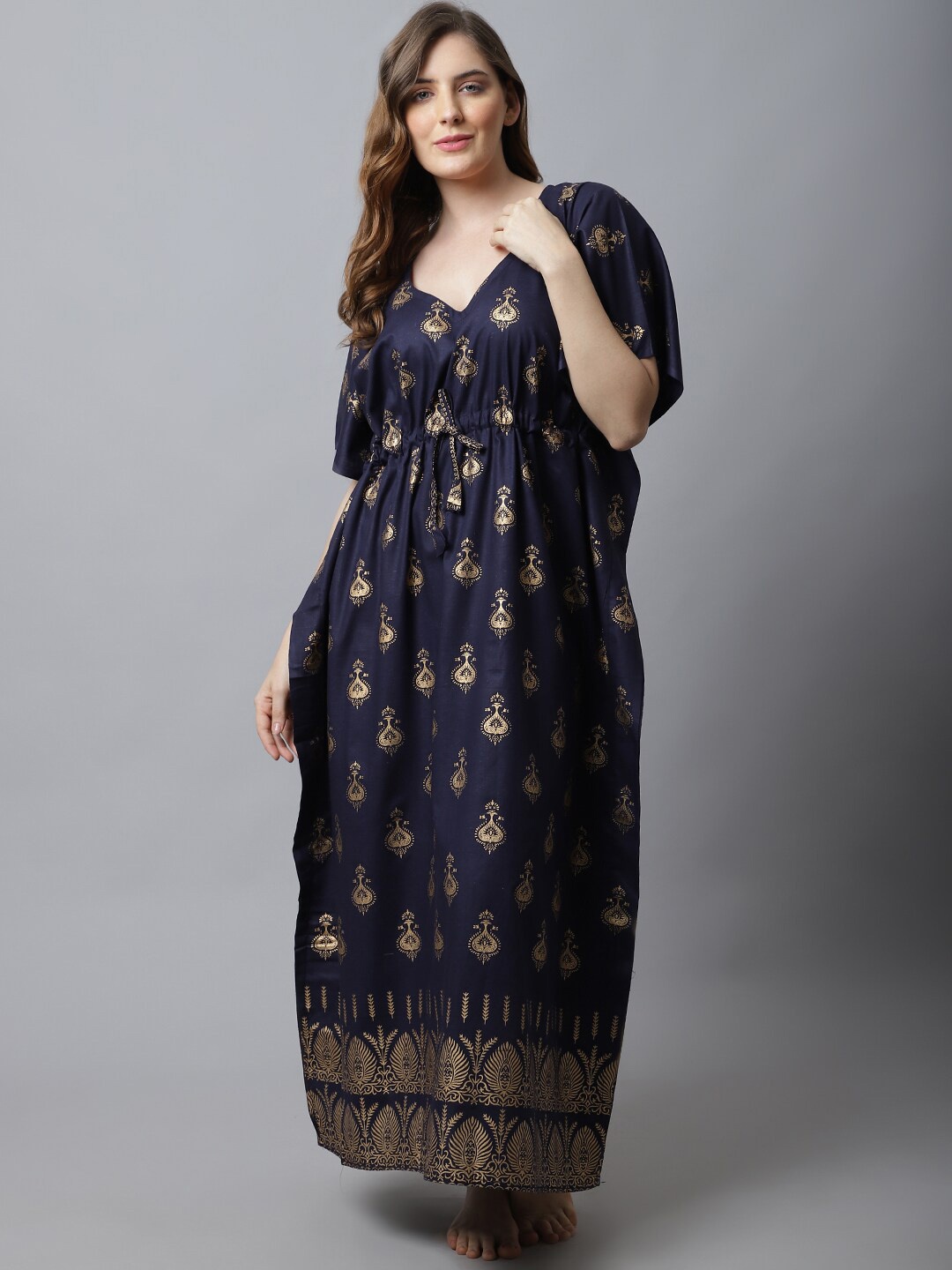 

Secret Wish Navy Blue Ethnic Printed Kaftan Nightdress