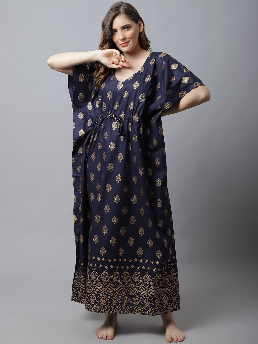 

Secret Wish Navy Blue Ethnic Printed Kaftan Nightdress