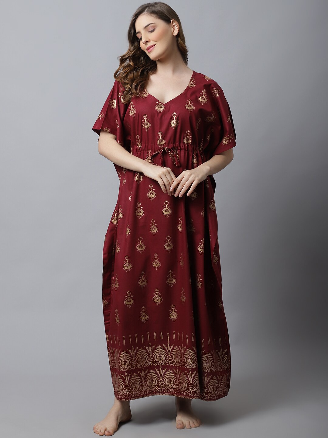 

Secret Wish Maroon Ethnic Printed Kaftan Nightdress