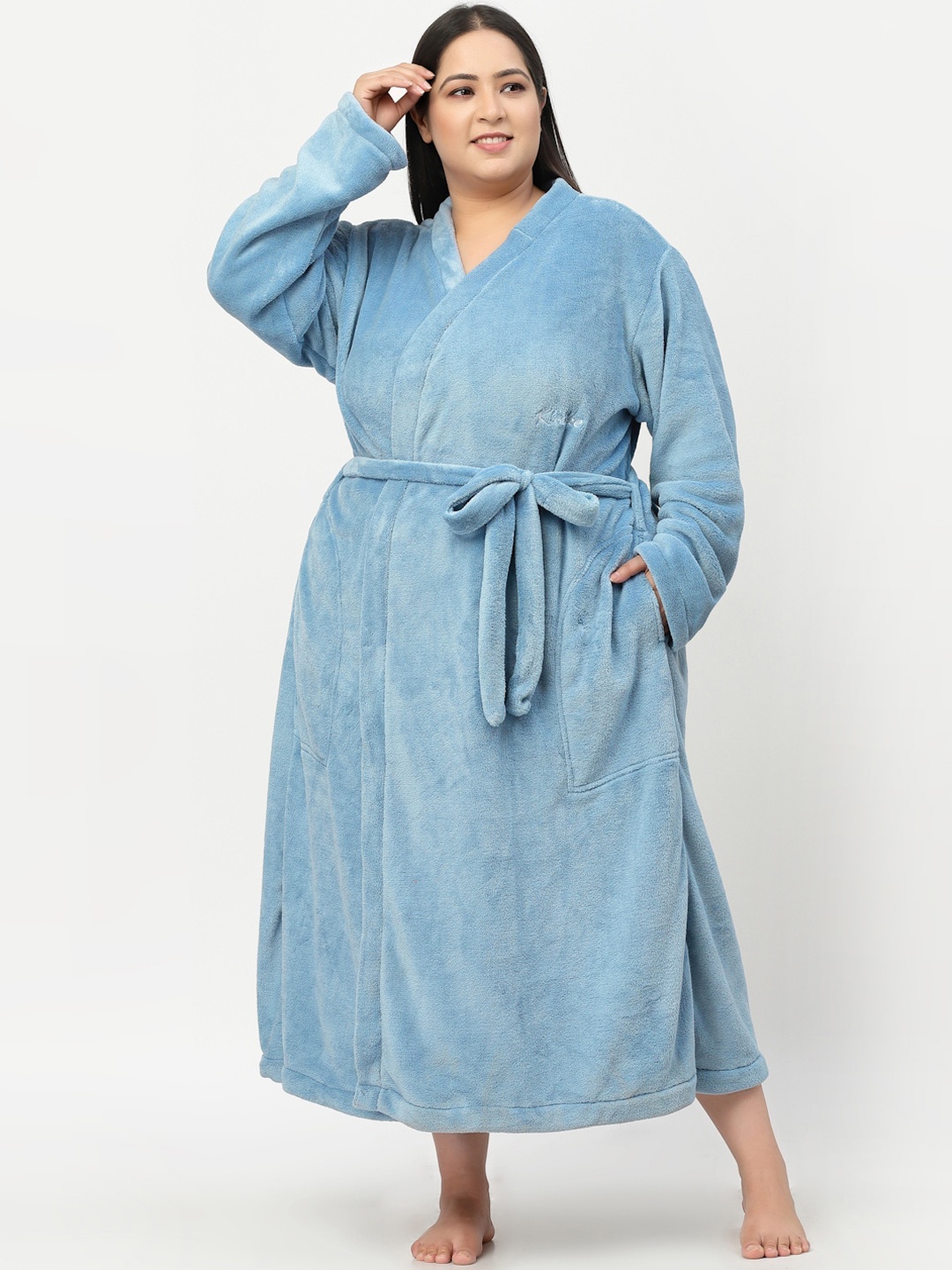 

KLOTTHE Plus Size Woolen Bath Robe With Belt, Blue