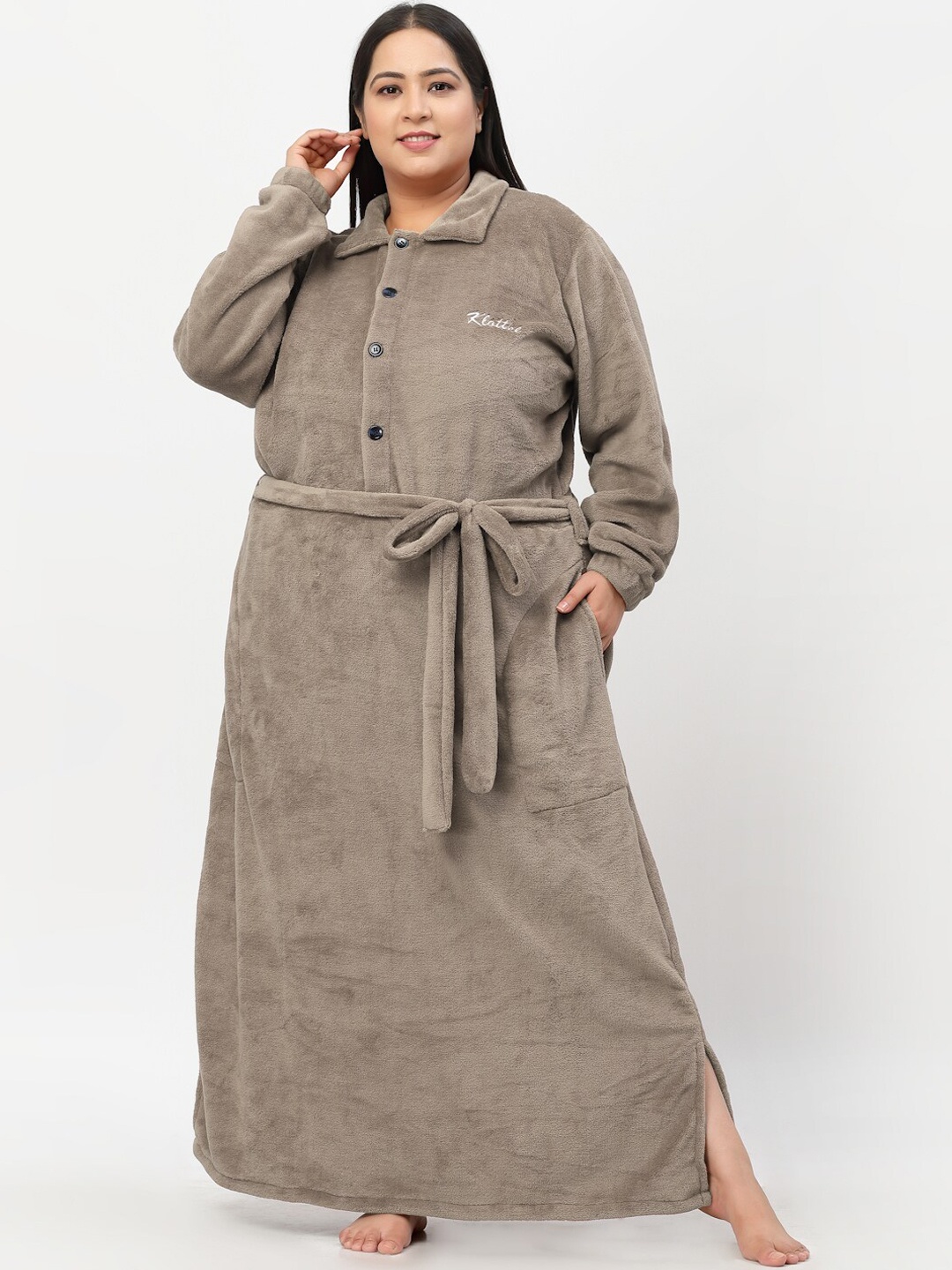 

KLOTTHE Women Plus Size Solid Woolen Bath Robe With Belt, Brown