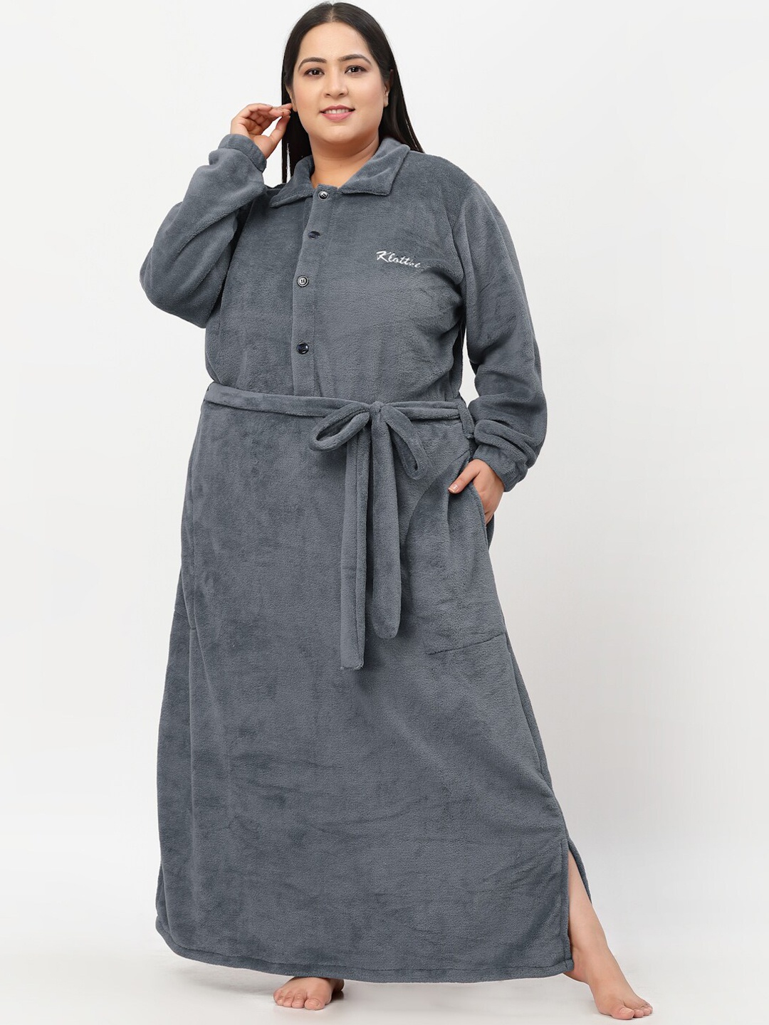 

KLOTTHE Plus Size Woolen Bath Robe With Belt, Grey