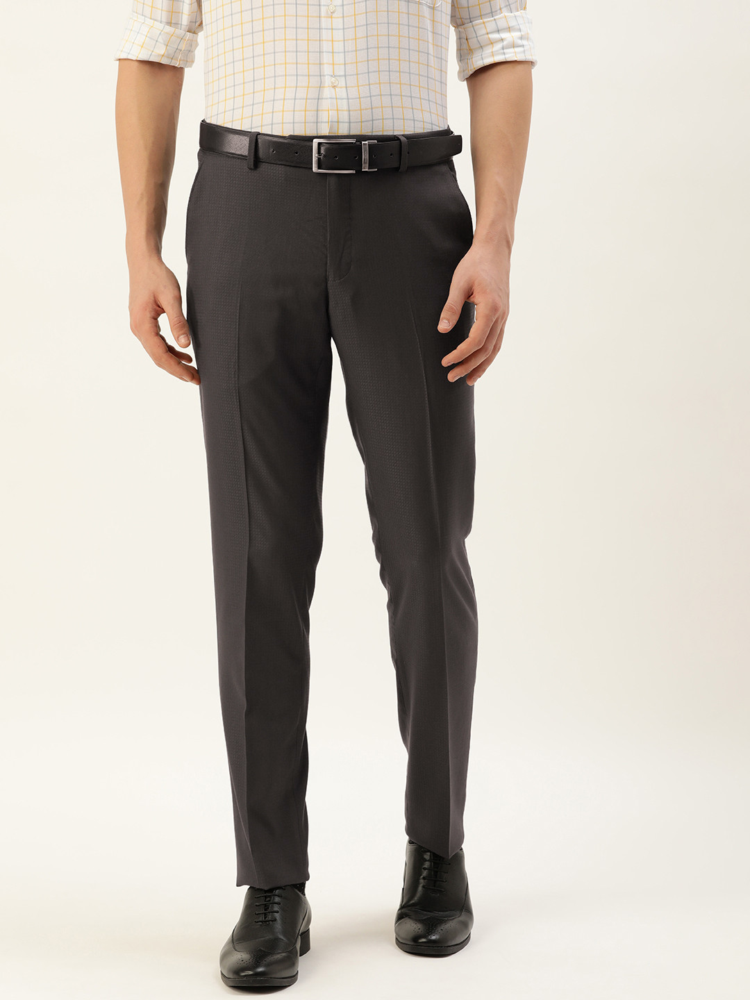 

Peter England Men Grey Checked Slim Fit Trousers