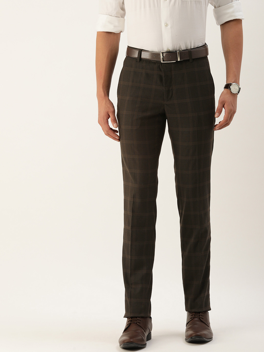 

Peter England Men Checked Neo Slim Fit Formal Trousers, Brown