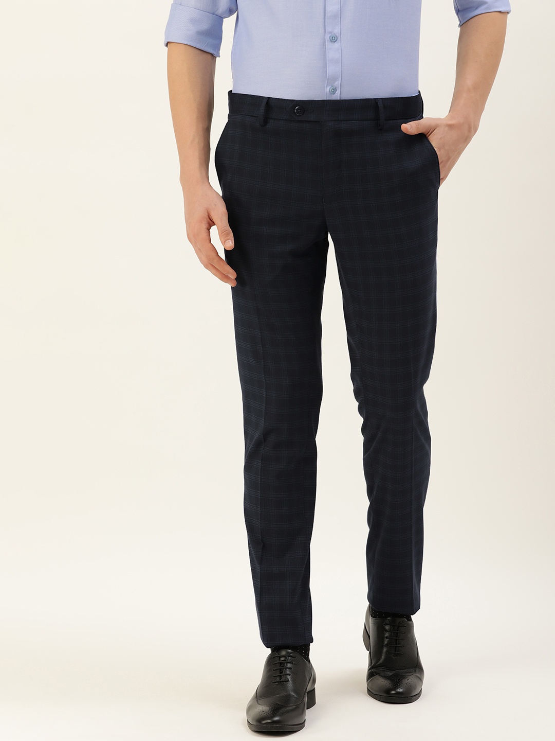 

Peter England Men Navy Blue Checked Slim Fit Trousers