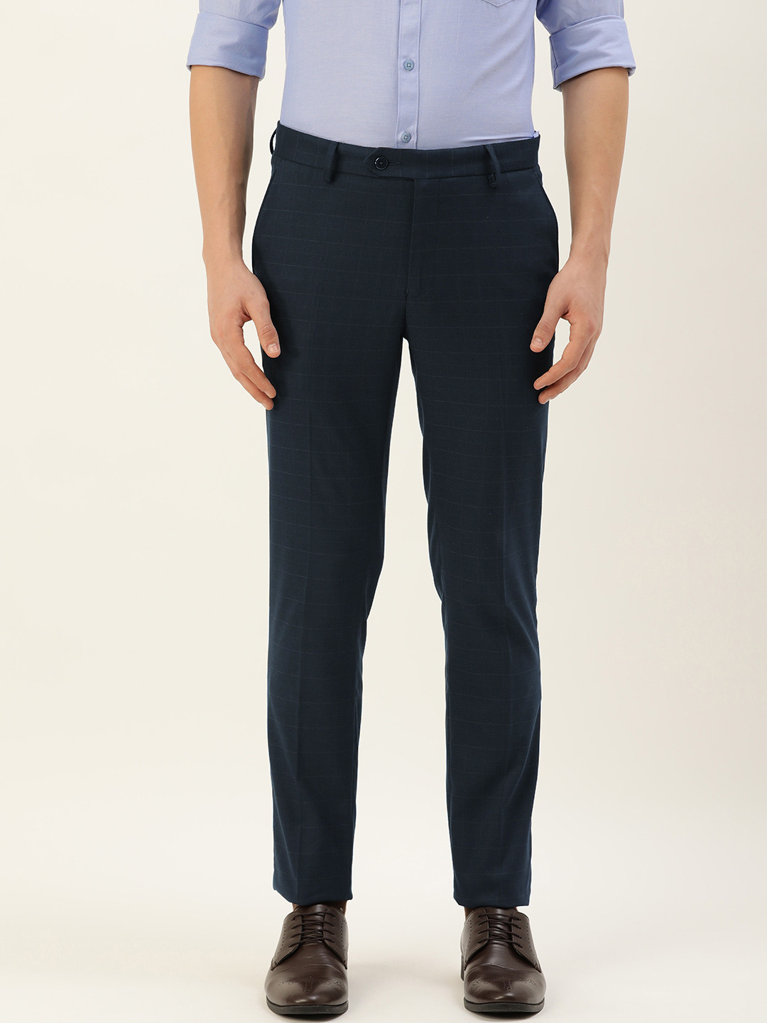

Peter England Men Navy Blue Checked Slim Fit Trousers