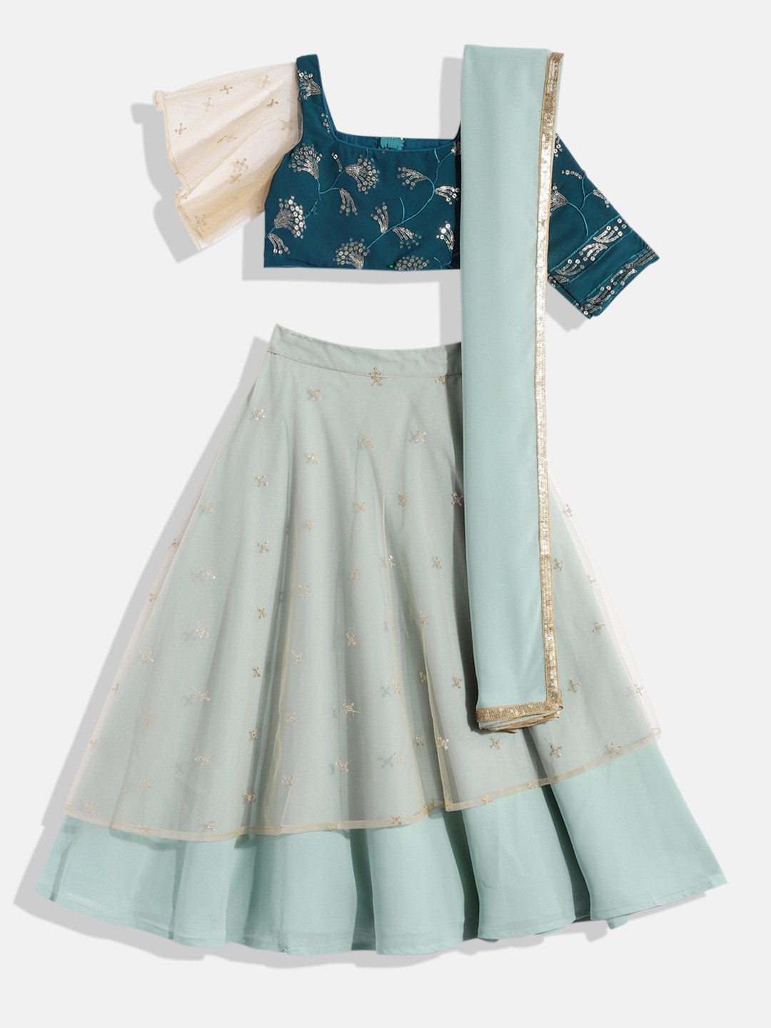 

Ethnovog Girls Blue Green Embroidered Sequinned Ready to Wear Lehenga Blouse With Dupatta