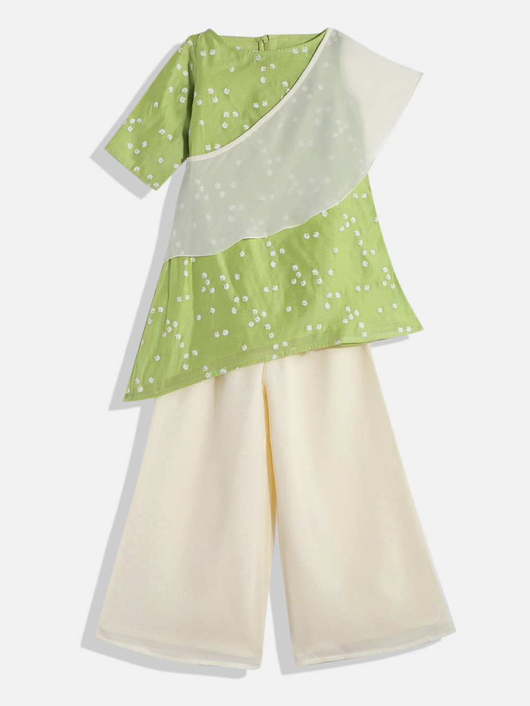 

Ethnovog Girls Green Floral Printed Layered Kurta with Palazzos
