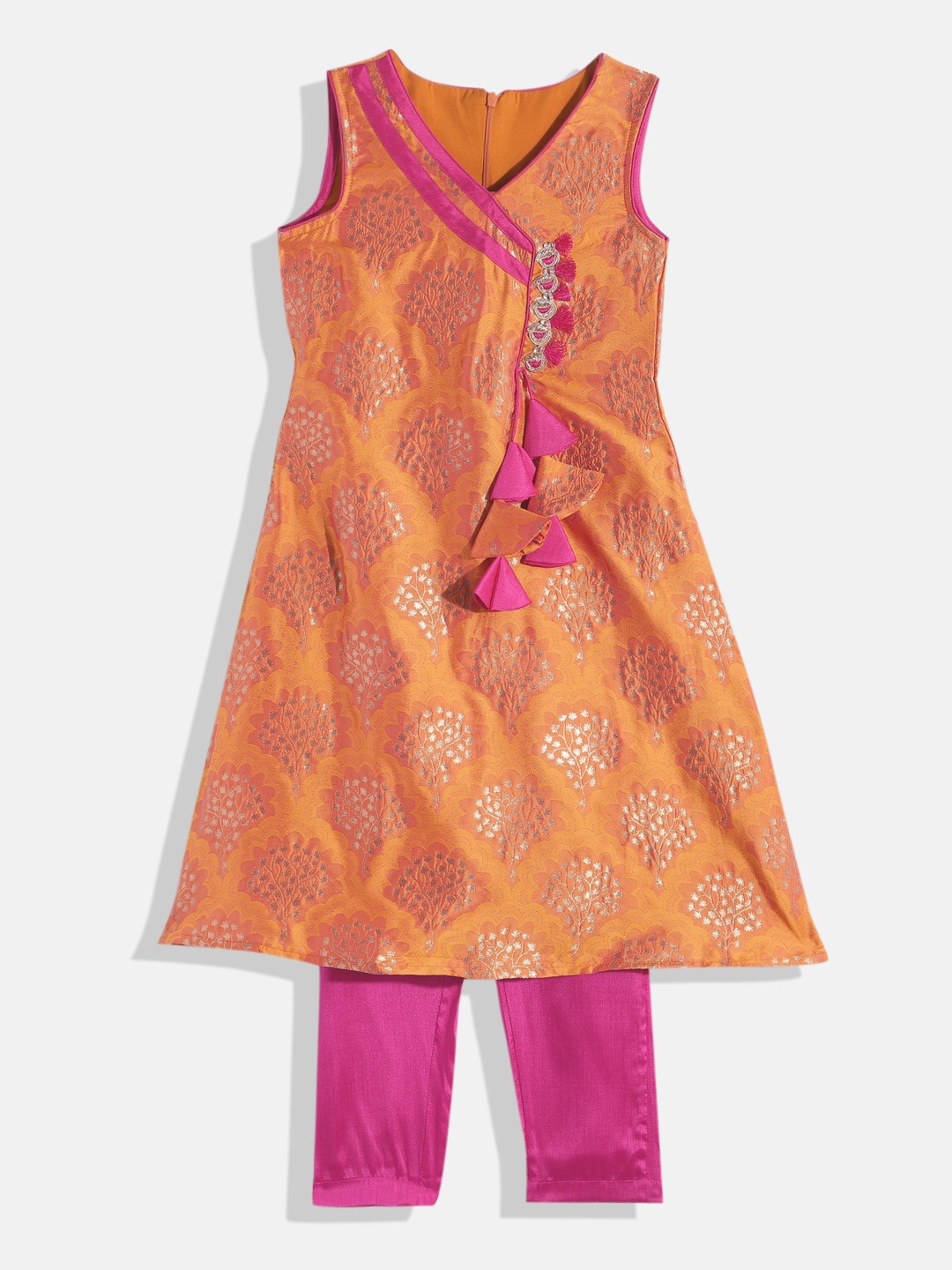 

Ethnovog Girls Mustard Yellow Floral Angrakha Kurta with Pyjamas