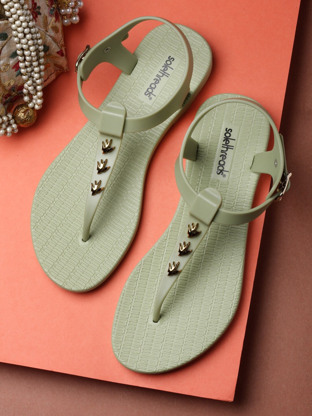 

Solethreads Women Green T-Strap Flats
