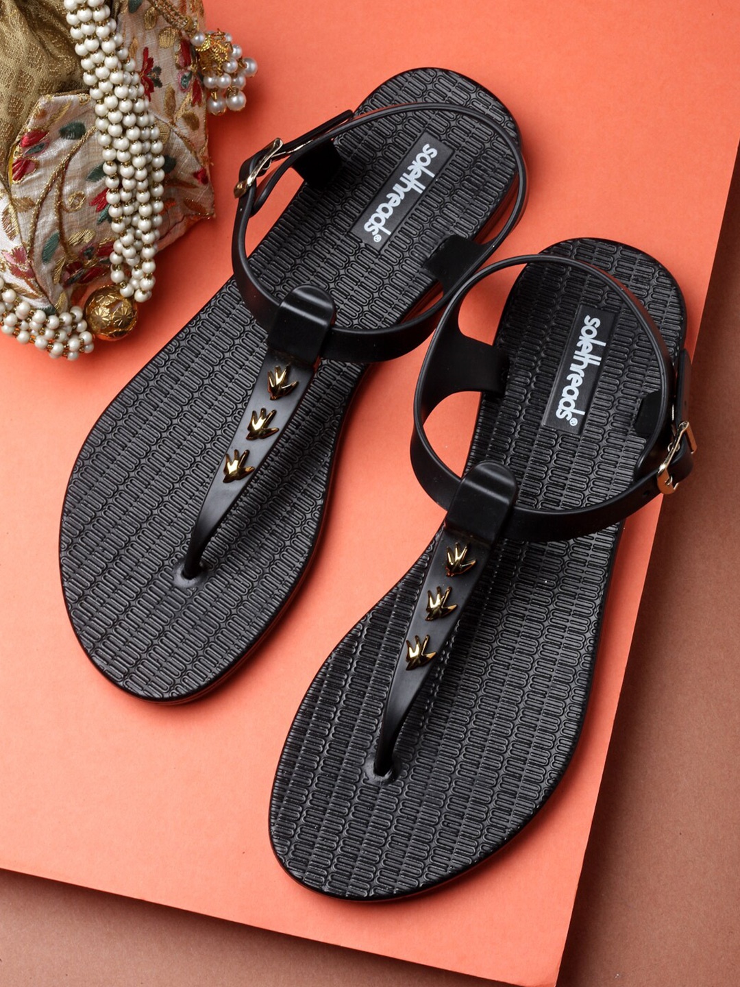 

Solethreads Women Black T-Strap Flats