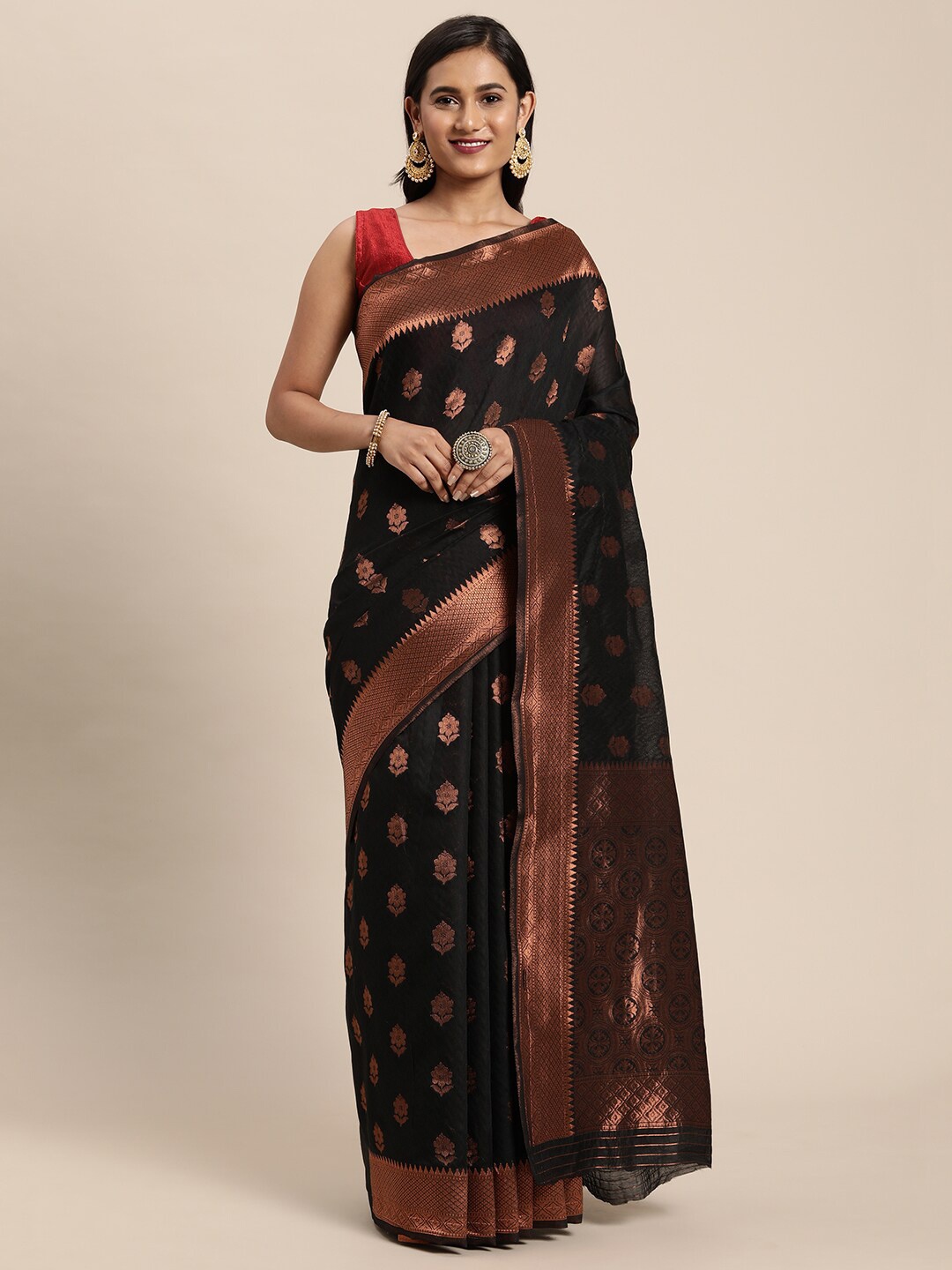 

GAJARAI Black & Copper-Toned Woven Design Zari Silk Blend Banarasi Saree