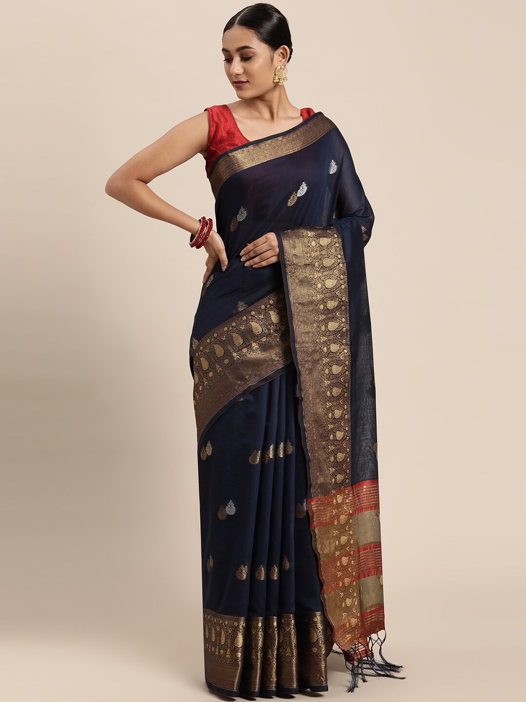 

GAJARAI Navy Blue & Red Woven Design Zari Silk Cotton Chanderi Saree
