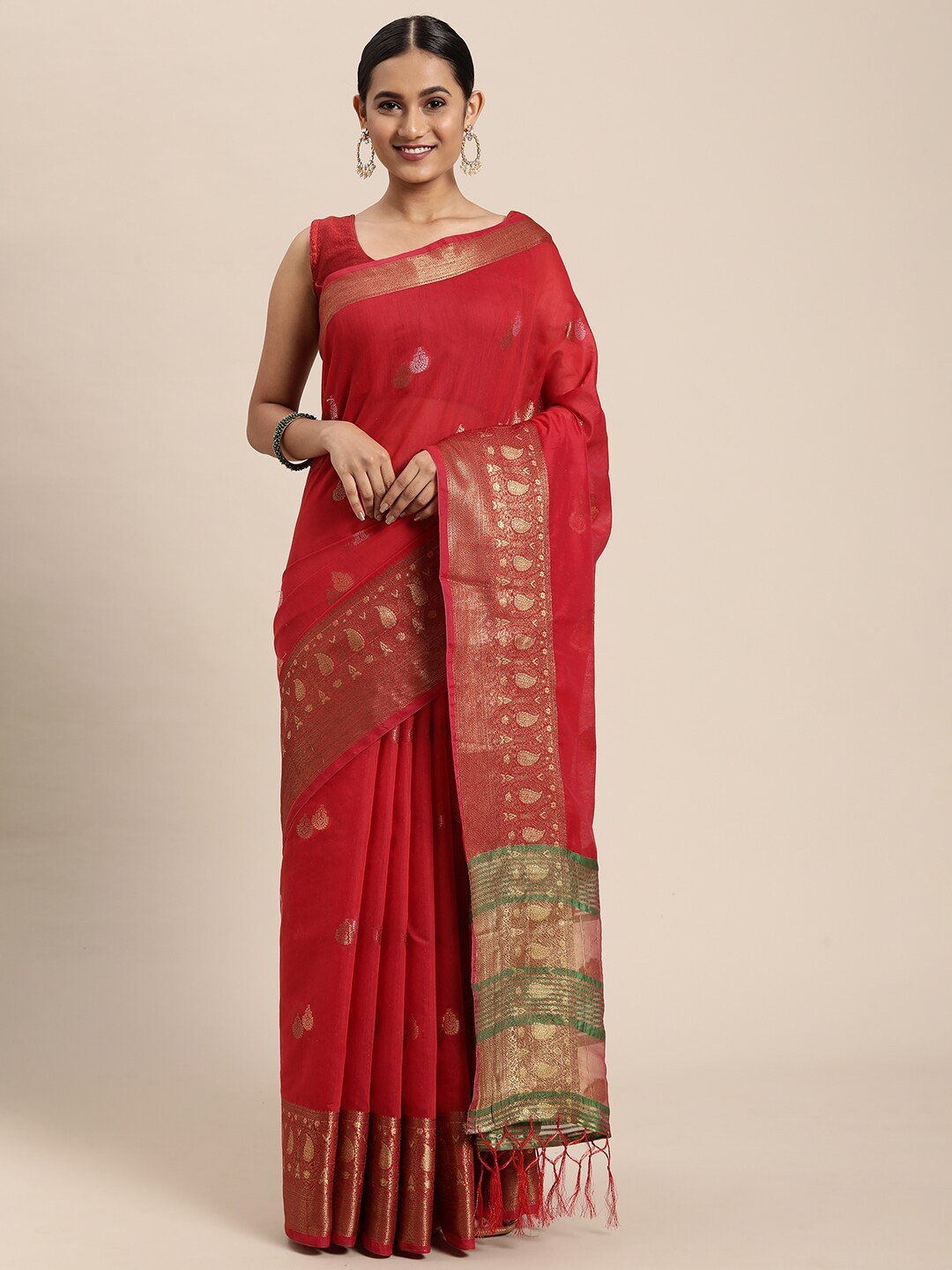 

GAJARAI Red & Green Woven Design Zari Silk Cotton Chanderi Saree
