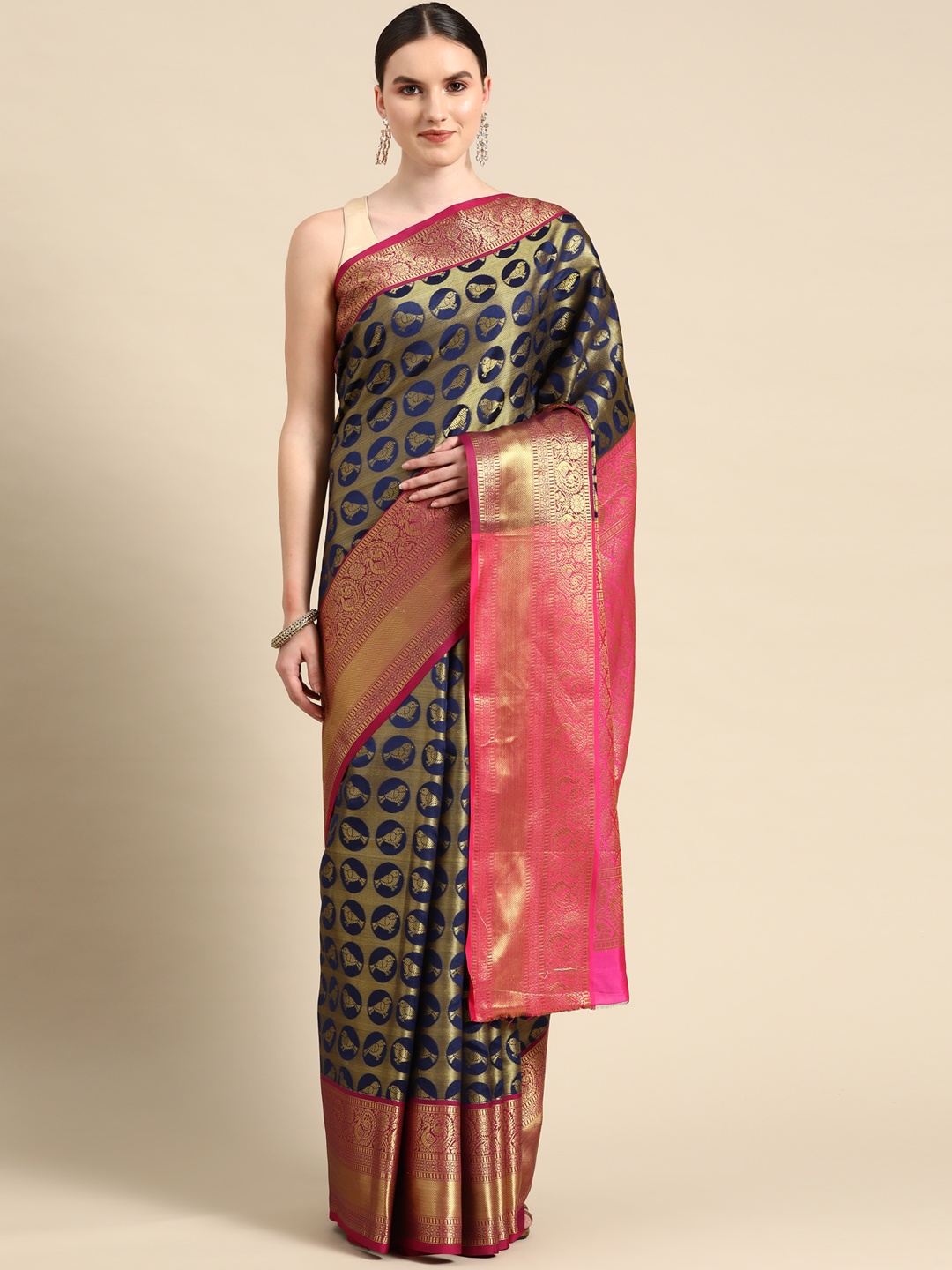 

Anaita Navy Ethnic Motifs Zari Pure Silk Banarasi Saree, Navy blue