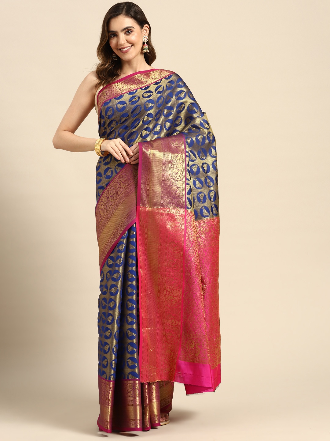 

Anaita Blue & Pink Ethnic Motifs Zari Pure Silk Banarasi Saree