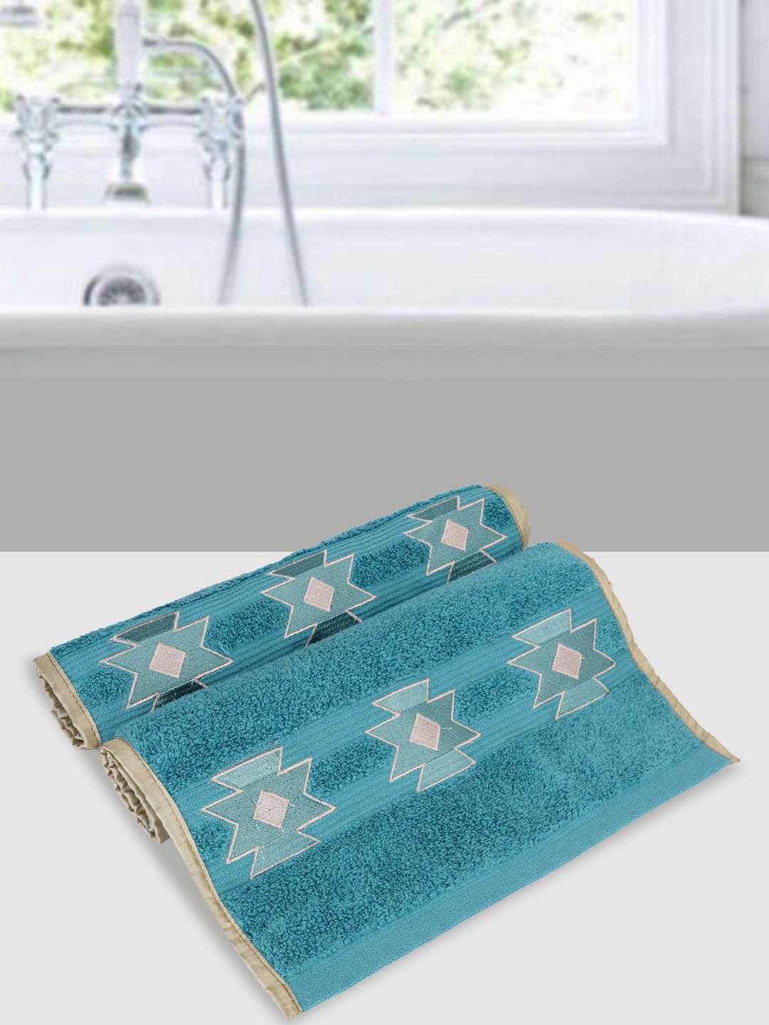 

LUSH & BEYOND Set Of 2 Turquoise Blue Embroidered 500 GSM Pure Cotton Hand Towels