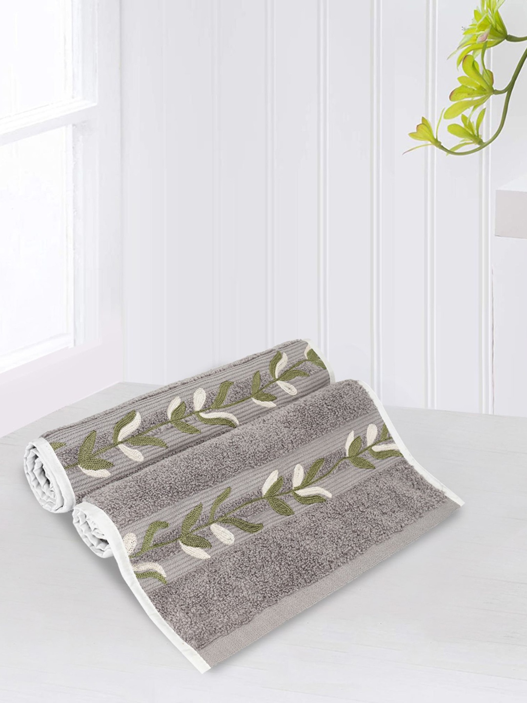 

LUSH & BEYOND Set Of 2 Printed Pure Cotton 500 GSM Hand Towels, Grey