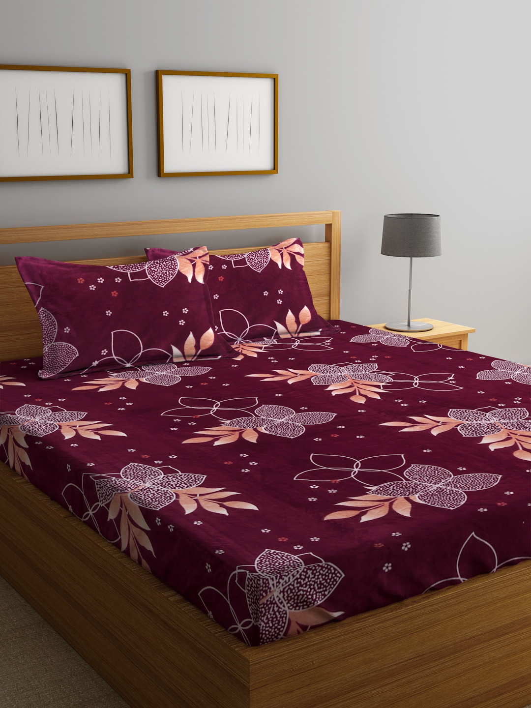 Maroon Floral Woolen Double Bed Sheet with 2 Pillow Covers