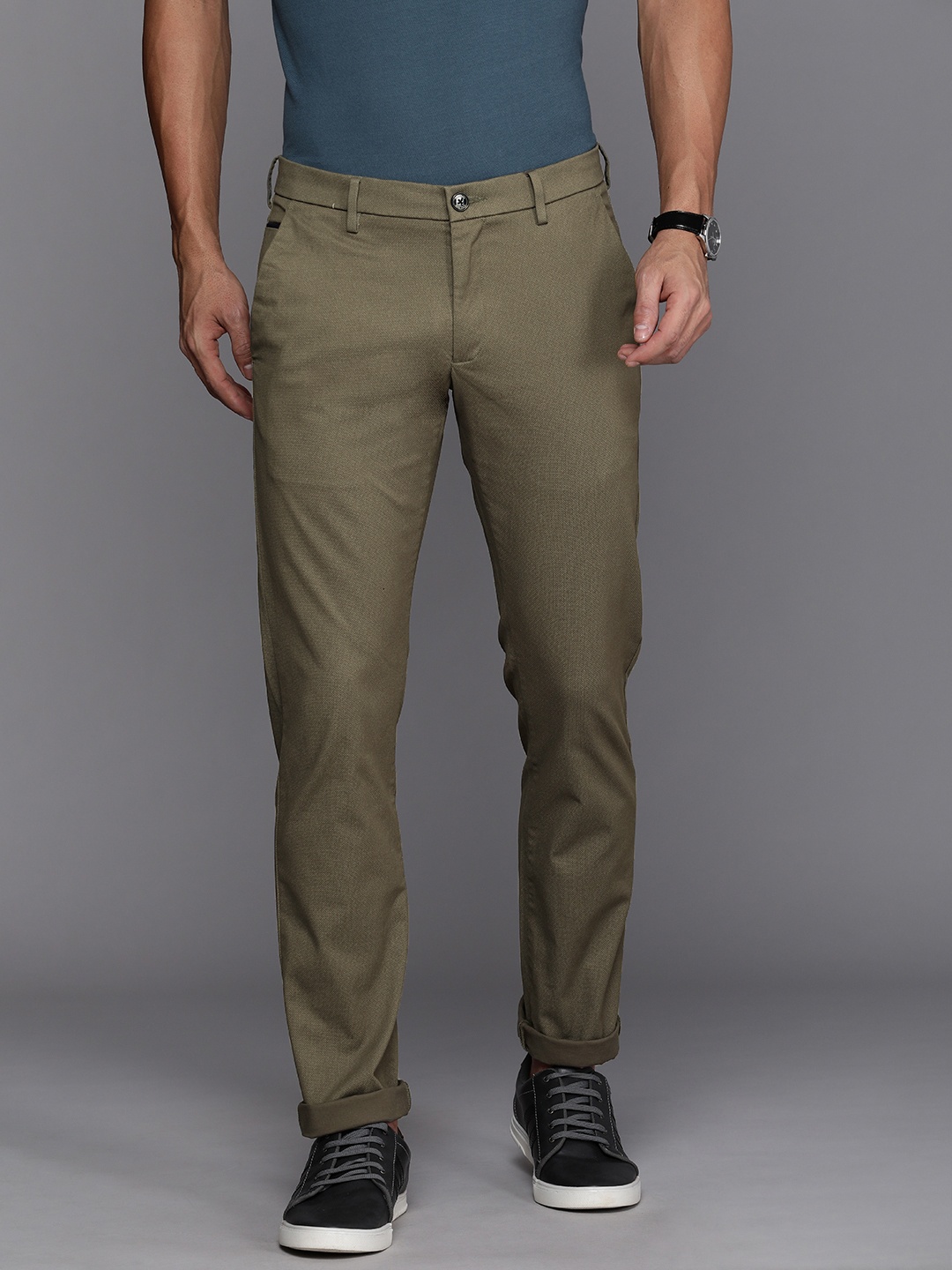 

Allen Solly Sport Men Self Designed Textured Slim Fit Chinos Trousers, Olive