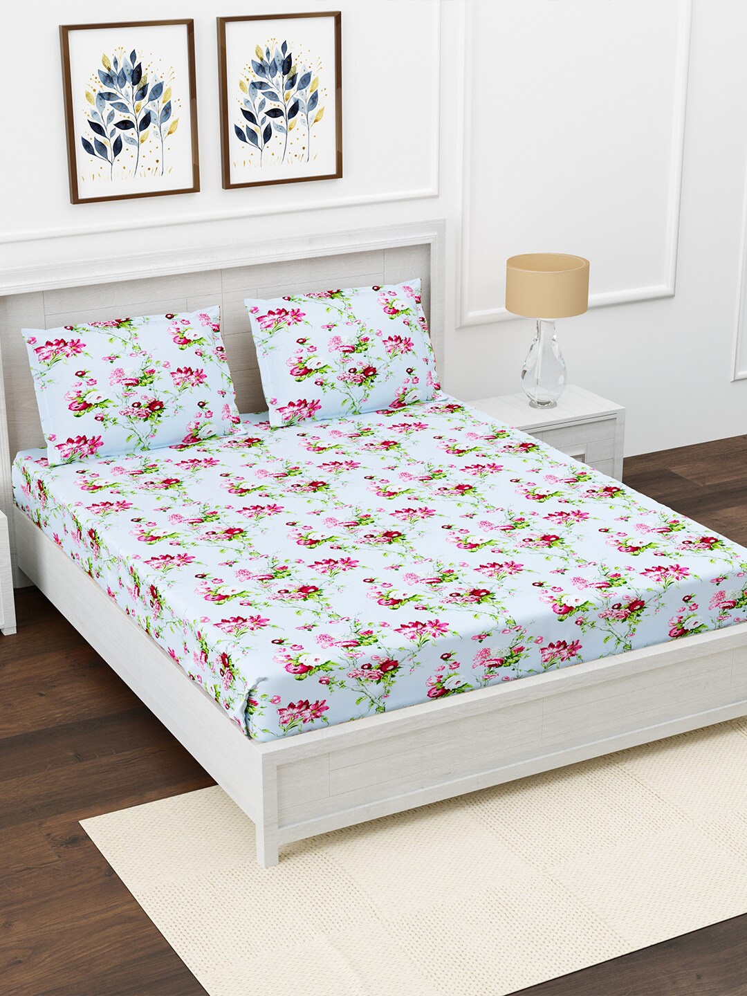 

AVI Pink & Blue Floral 180 TC Queen Bedsheet with 2 Pillow Covers