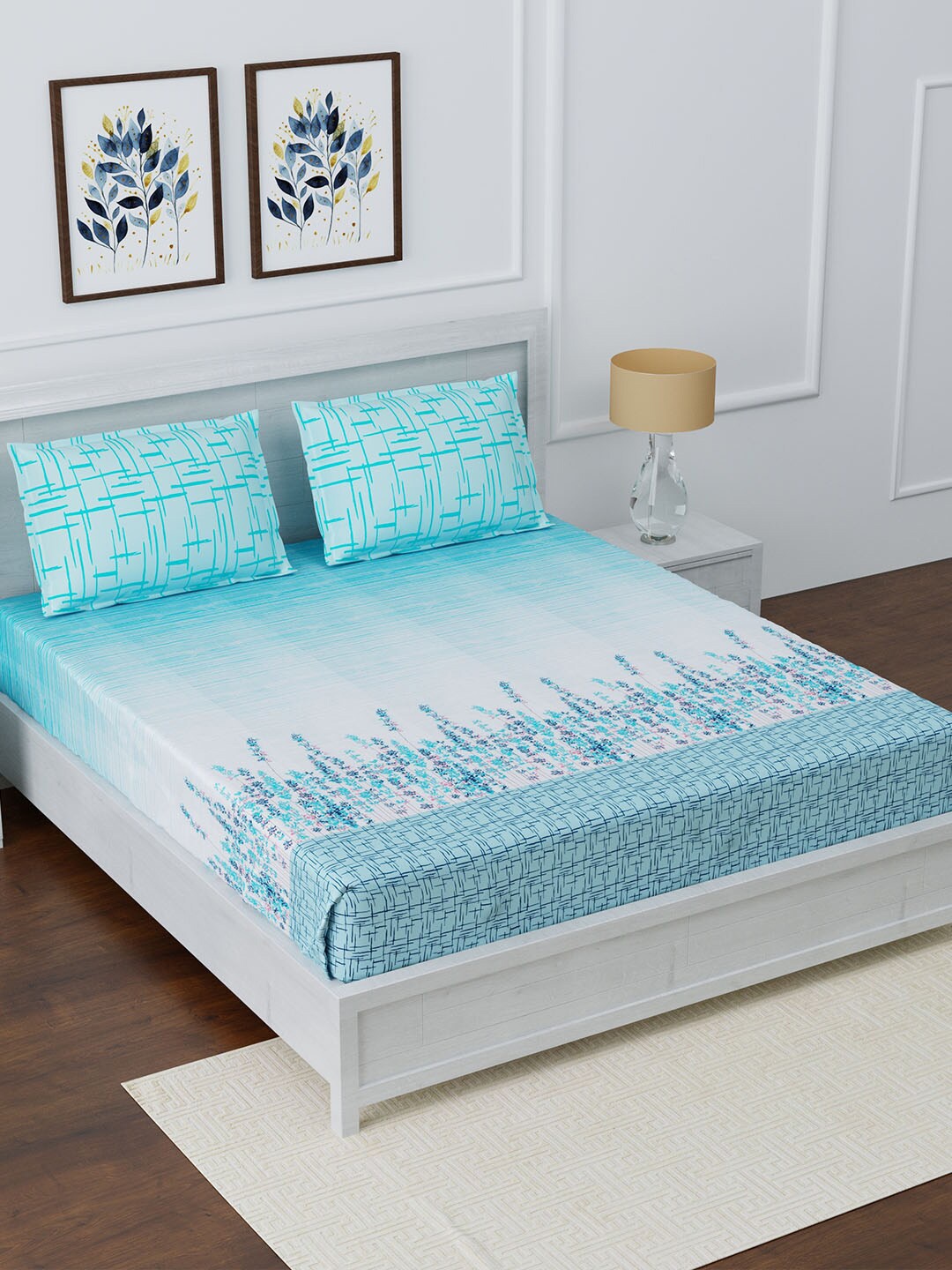 

AVI Turquoise Blue & White Floral 180 TC King Bedsheet with 2 Pillow Covers