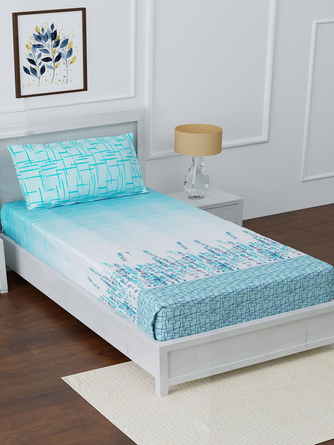 

AVI Turquoise Blue & White Floral 180 TC Single Bedsheet with 1 Pillow Covers